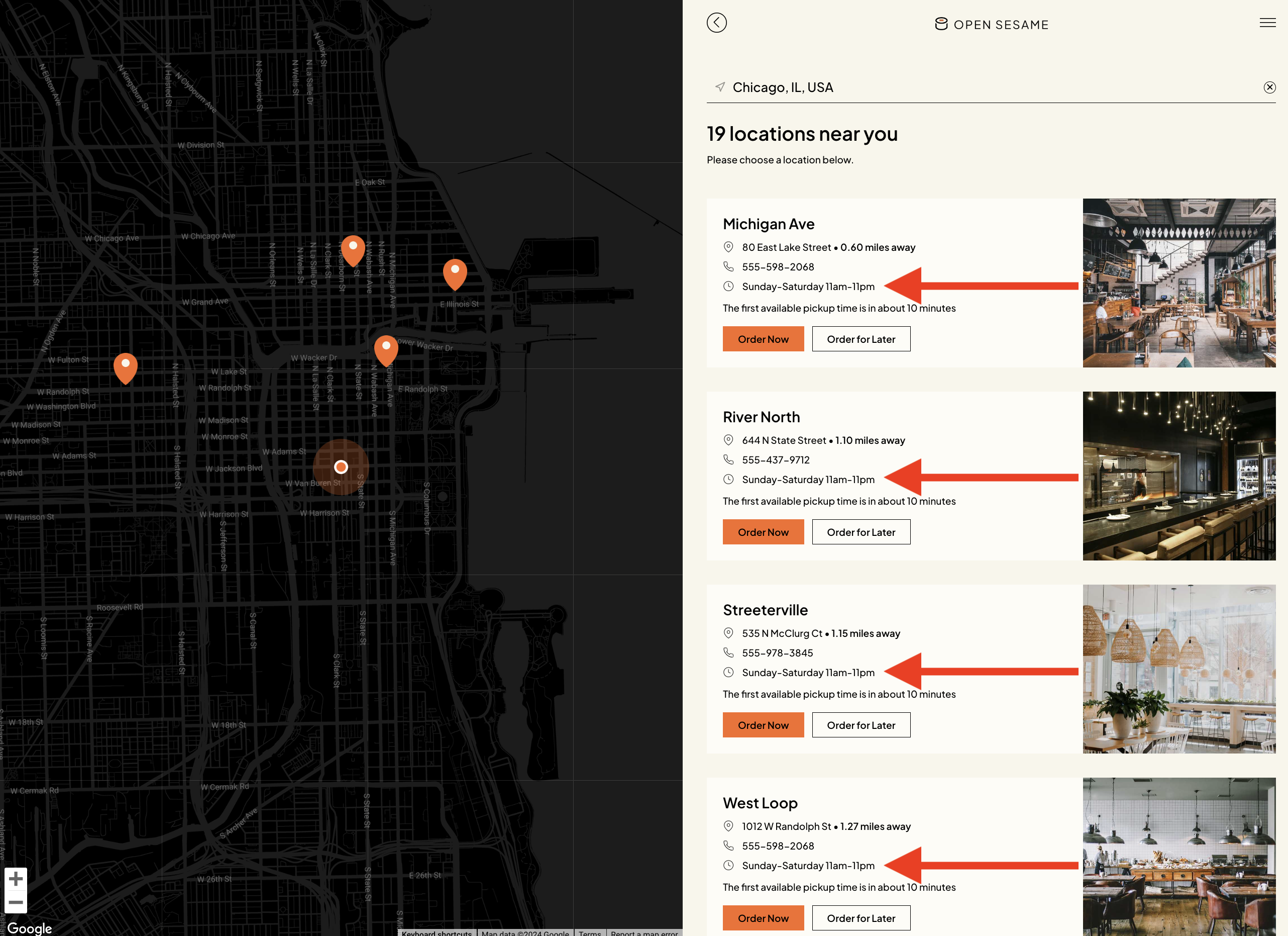Business hours displayed on the customer-facing Online Ordering page