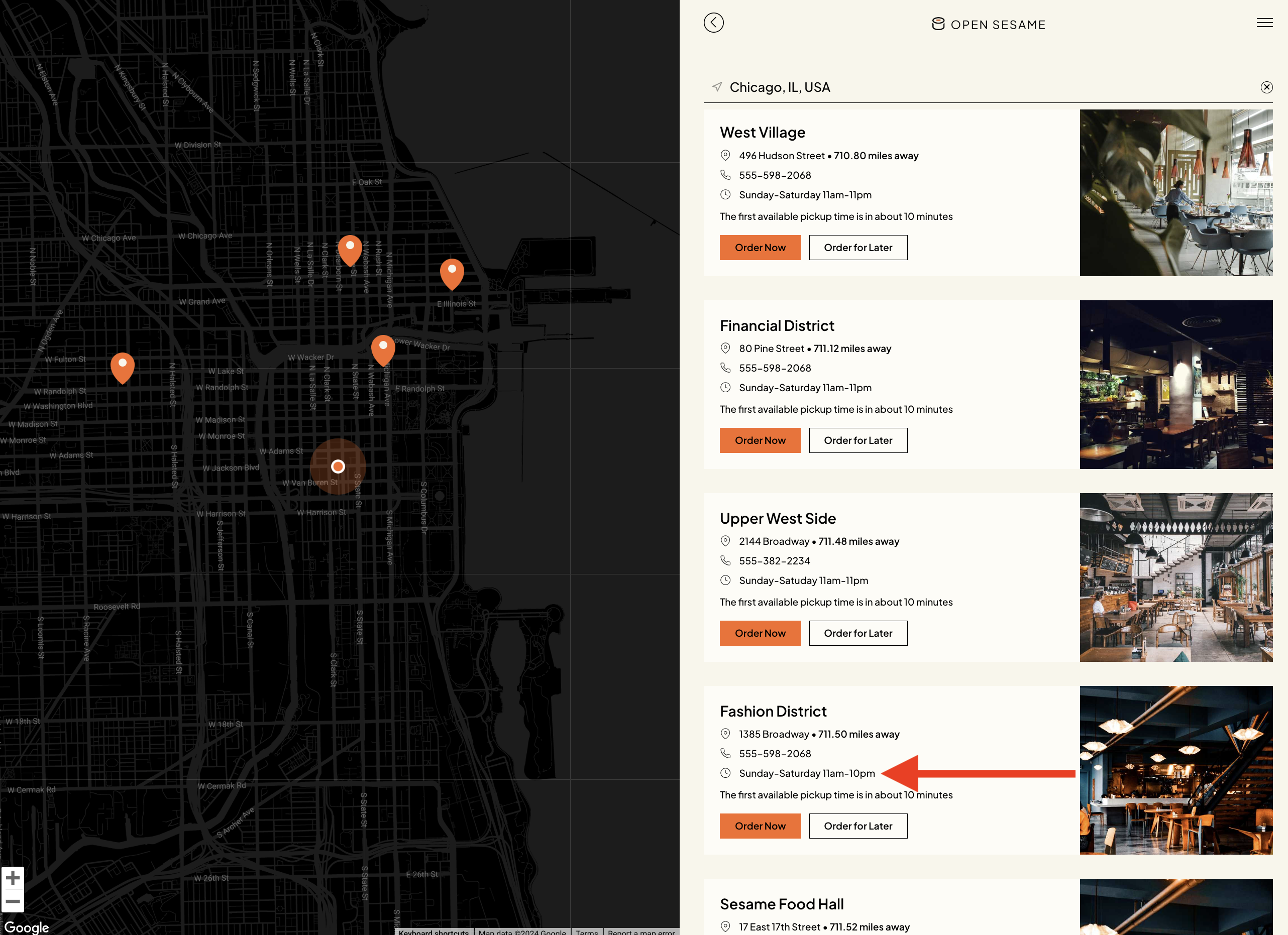 Customer-facing locations page reflecting the updated closing time for one location