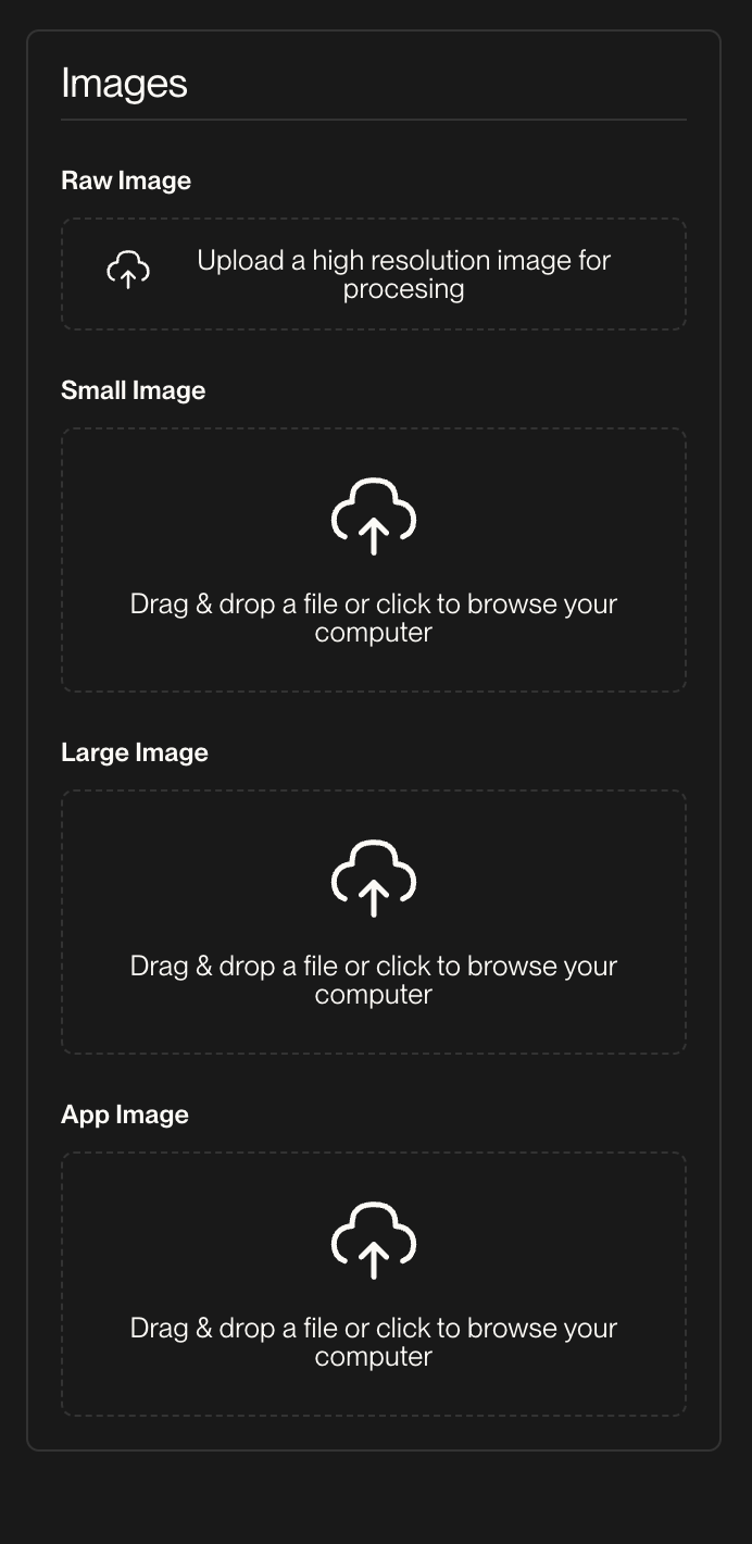 Raw, Small, Large, and App image slots in the Direct Ordering Admin Panel