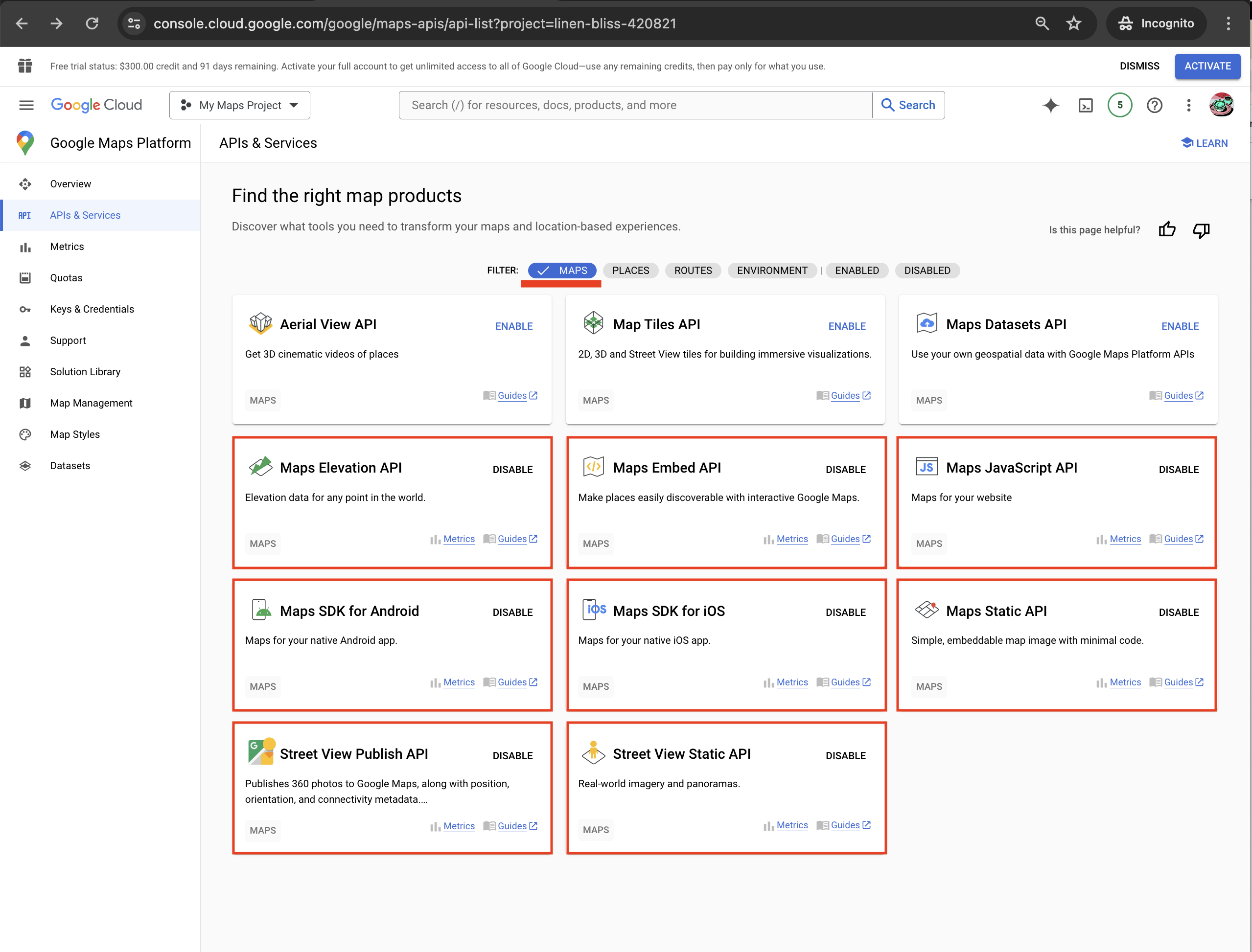 Maps products enabled