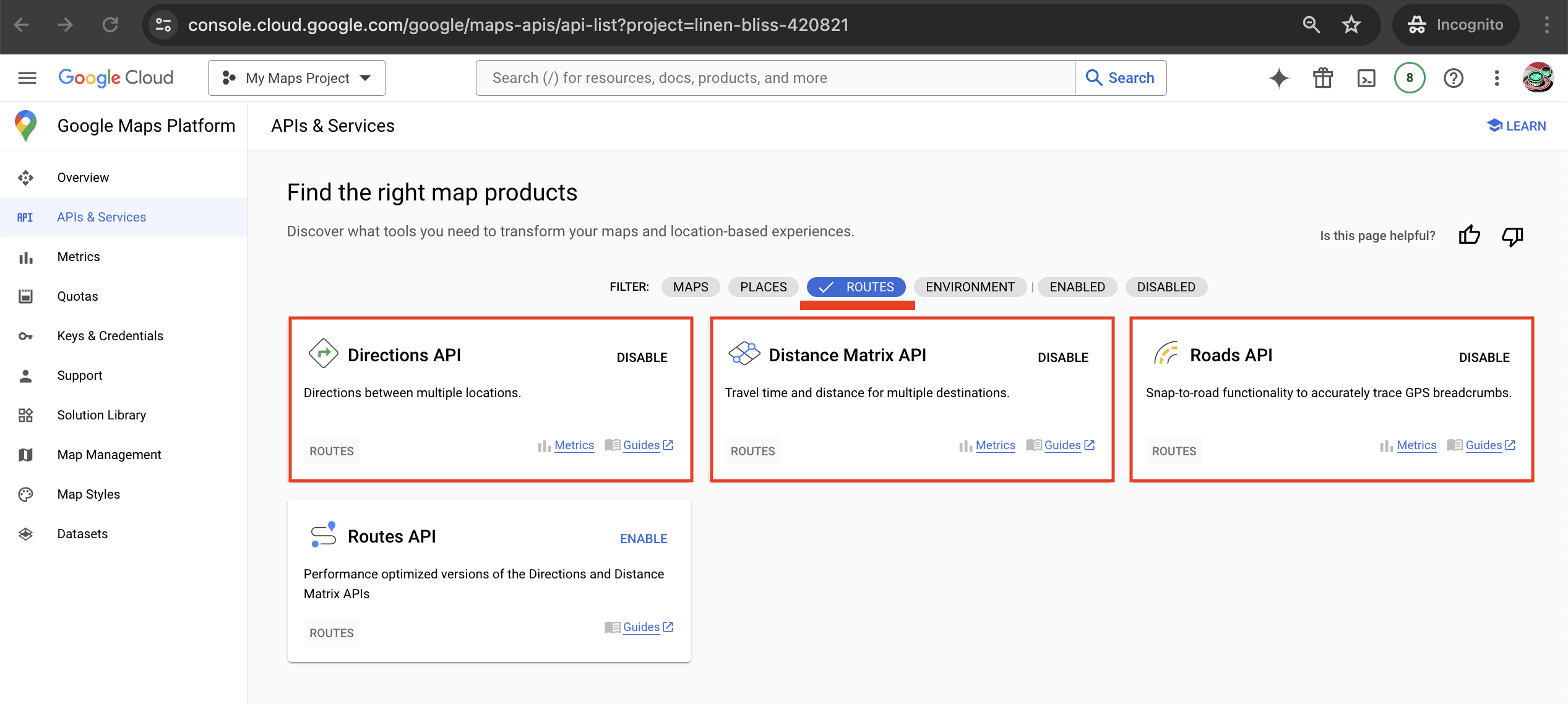Routes products enabled