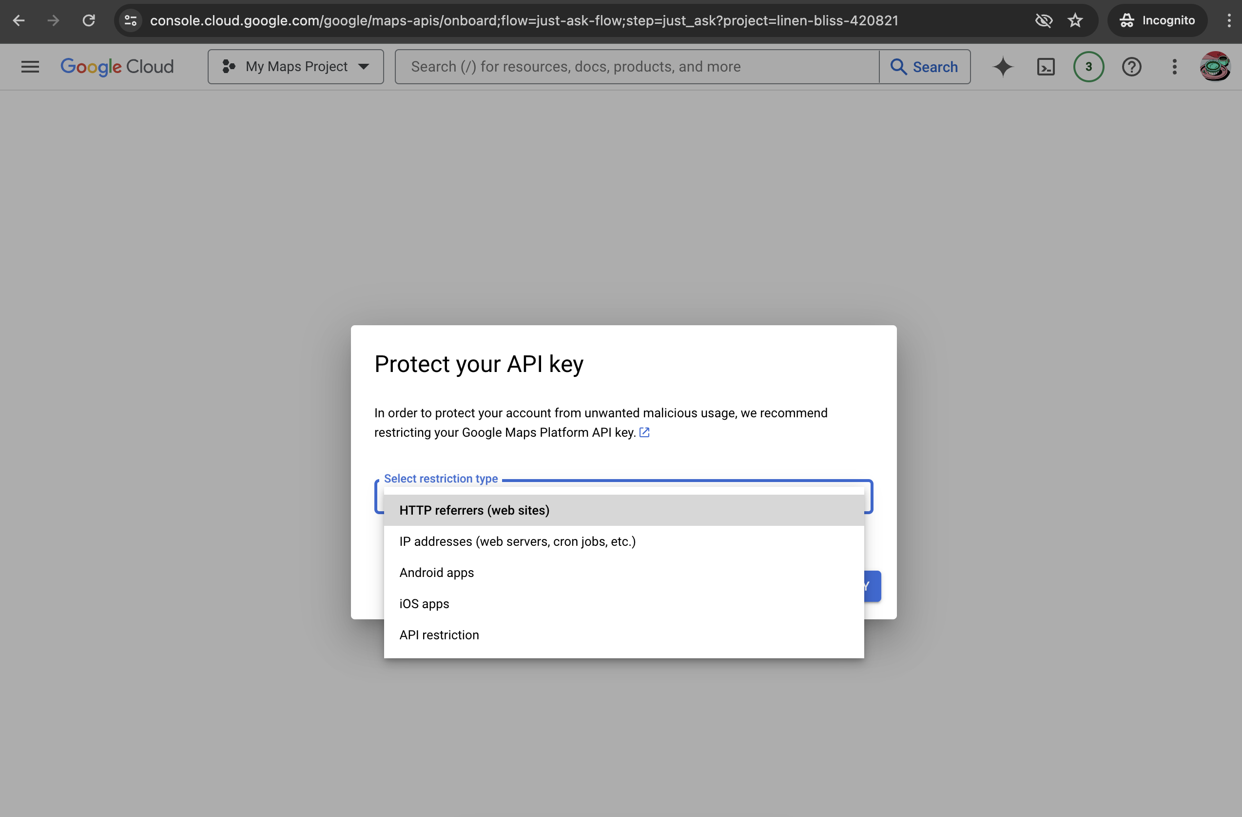 HTTP referrers restriction setting