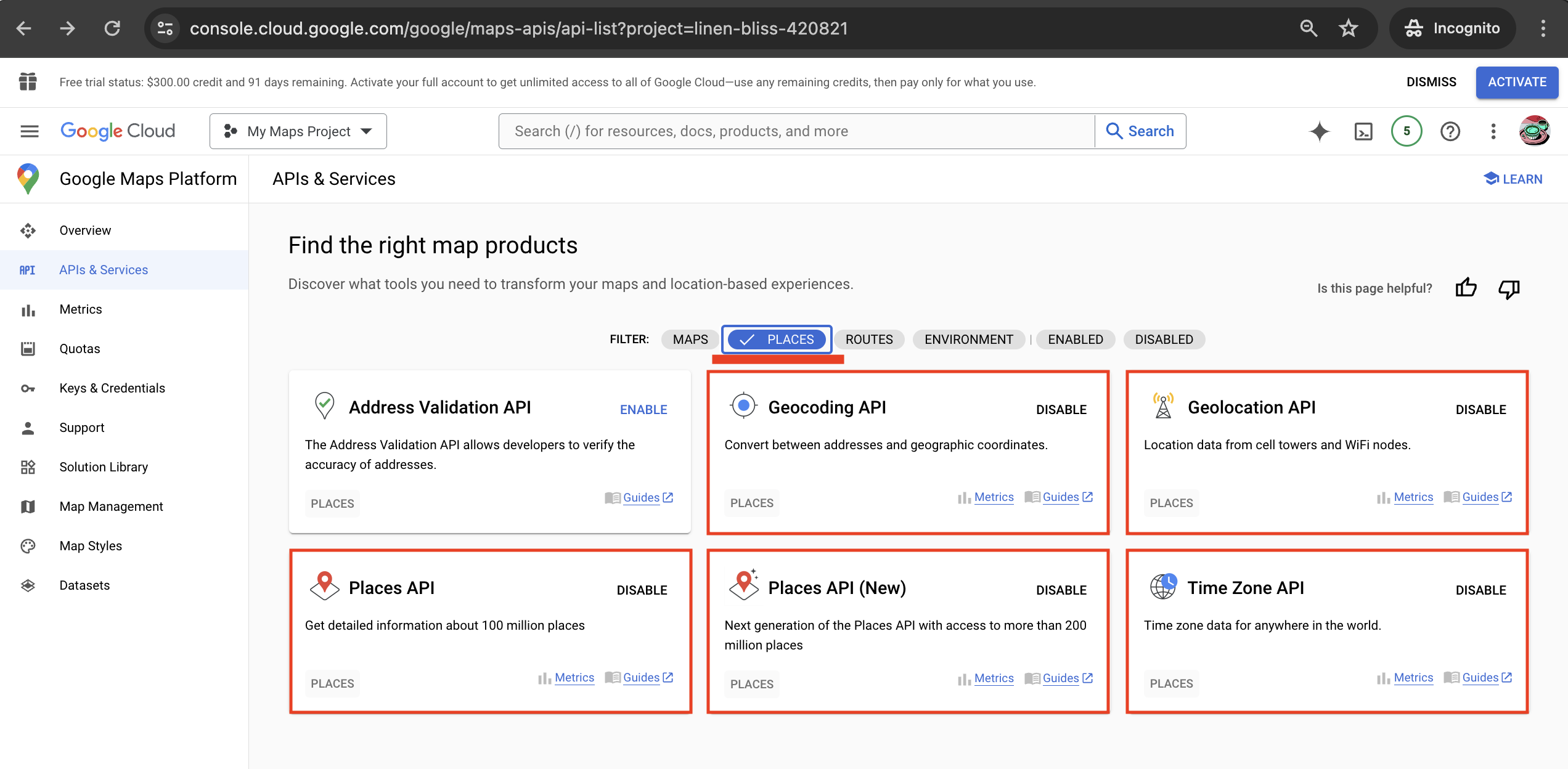 Places products enabled