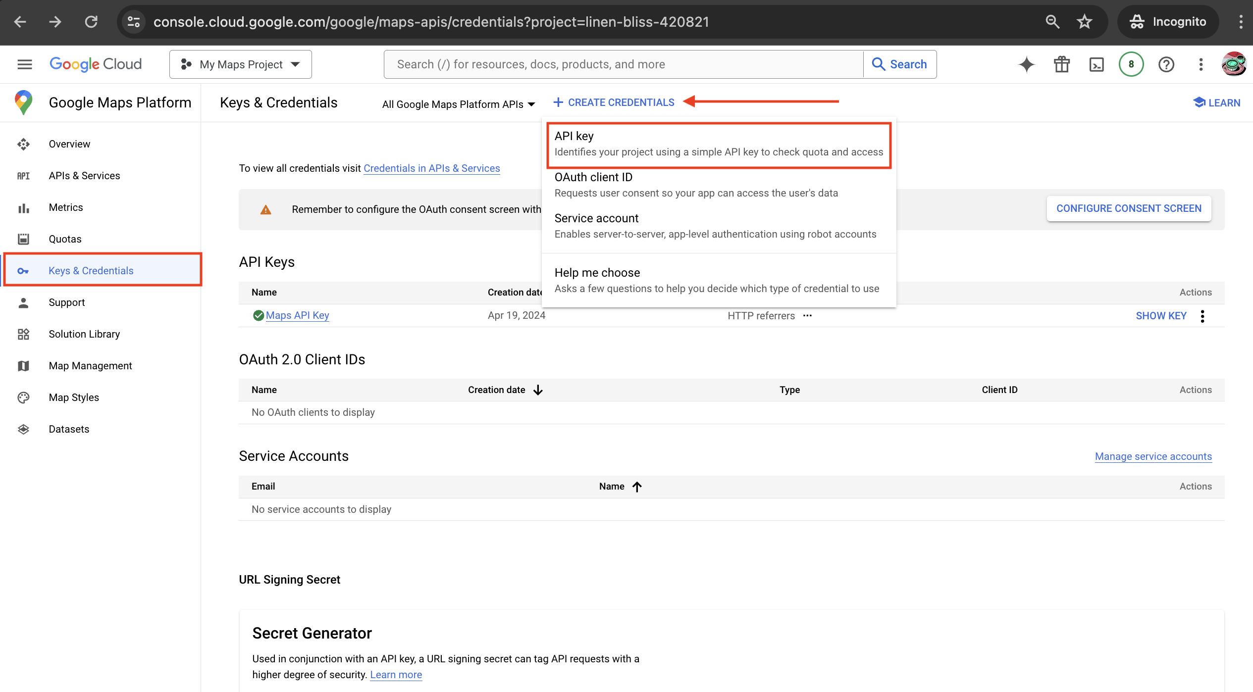 Create Credentials and select API key