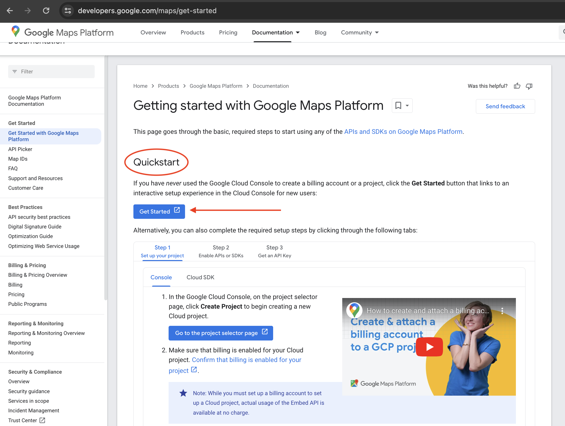 Get Started button in the Quickstart section