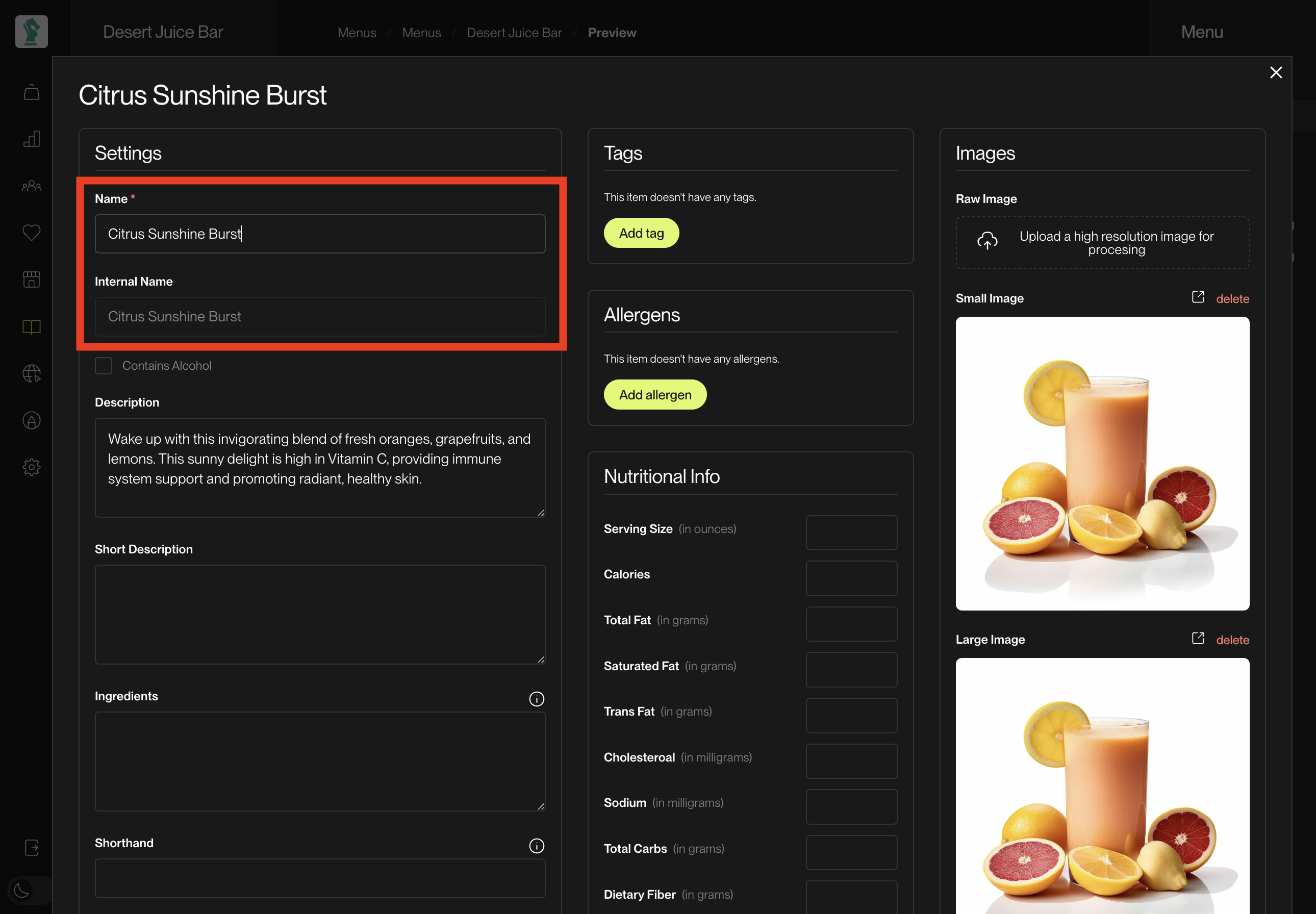 The editable Name field and the read-only Internal Name field in the Direct Ordering Admin Panel