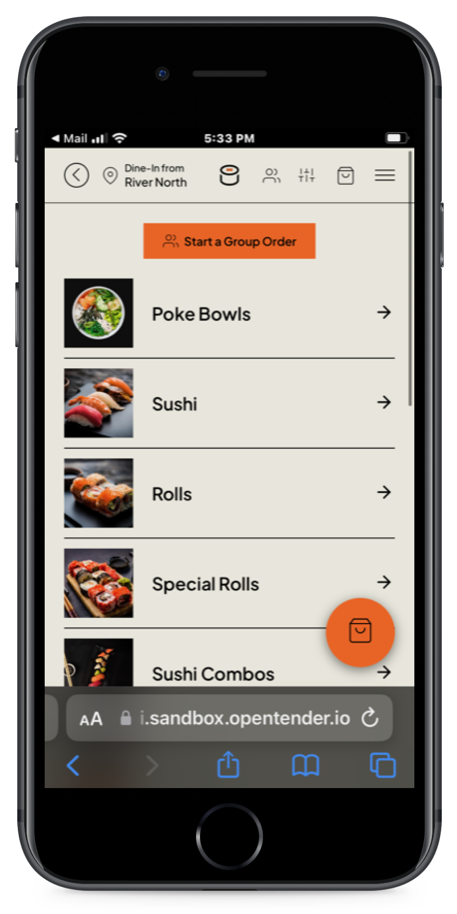 Landing page with a table number and Eat Here preselected
