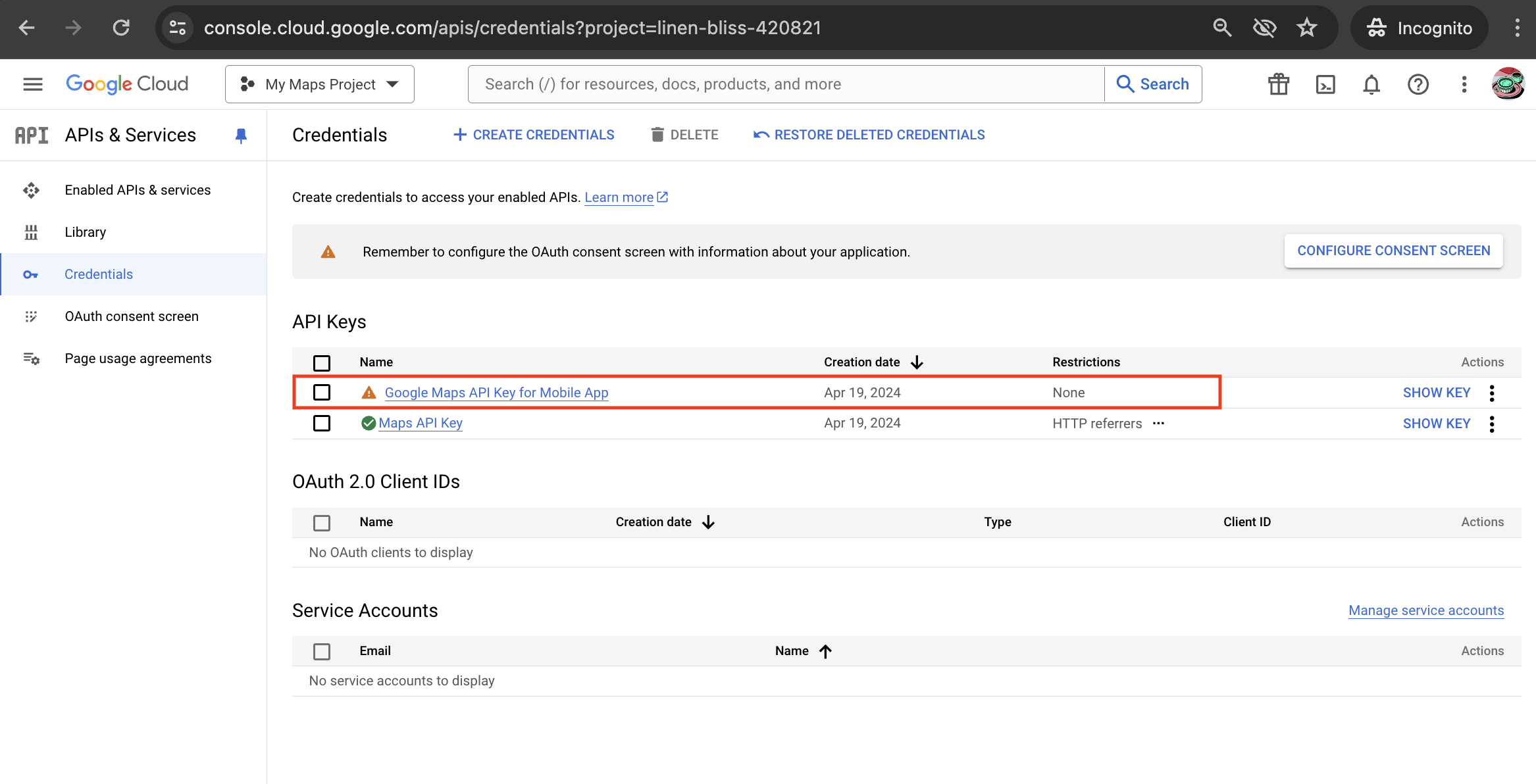 Credentials dashboard after saving