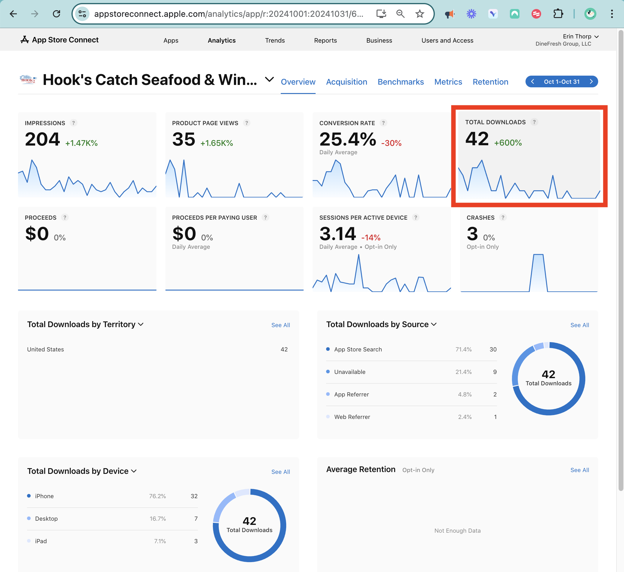 Selecting an app to view its analytics in App Store Connect