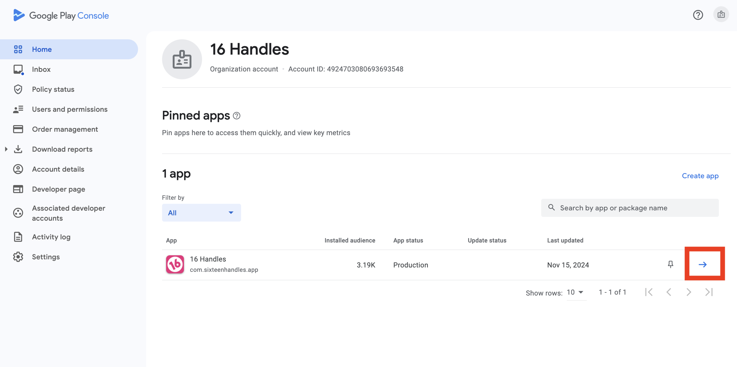 Selecting the live app in Google Play Console
