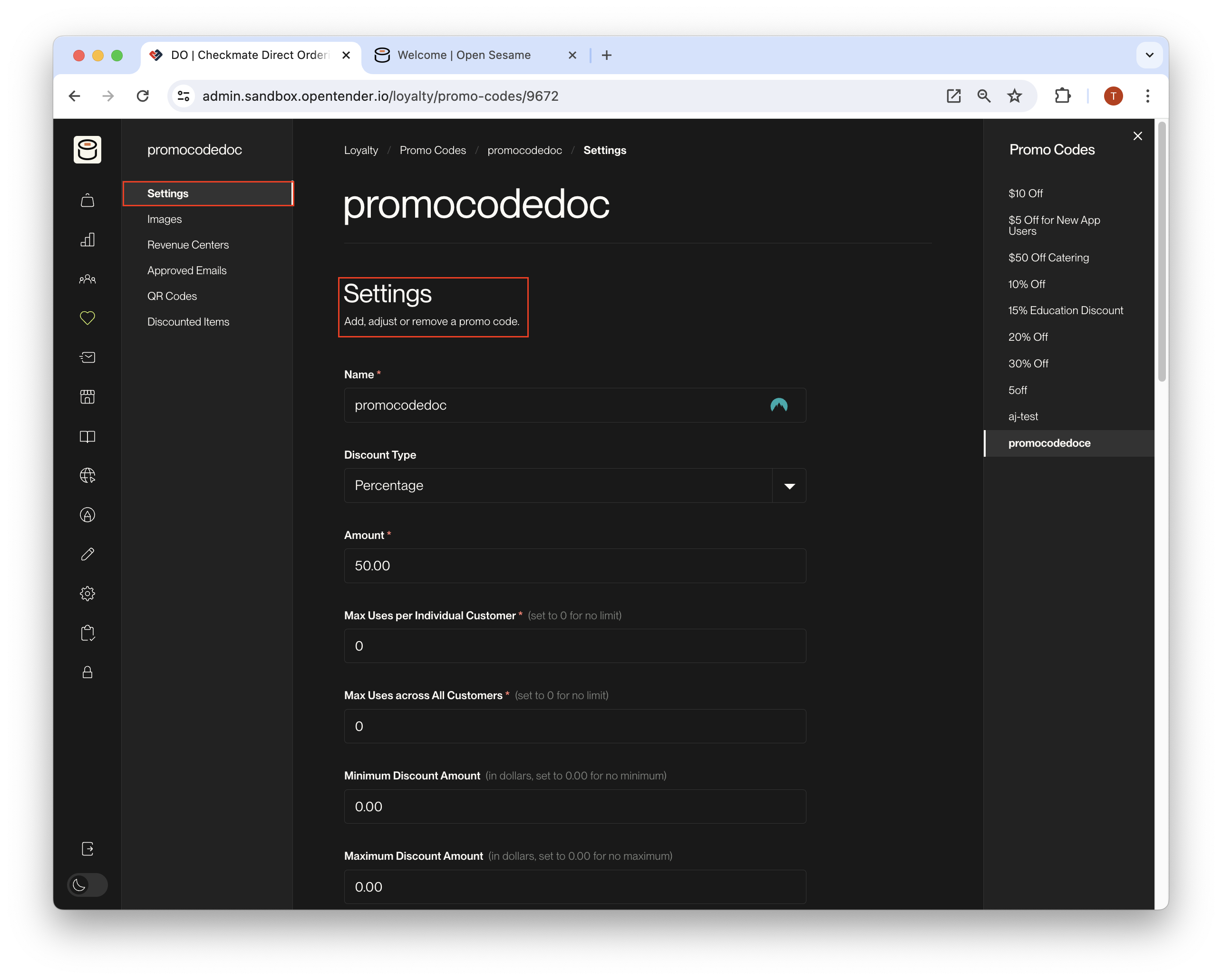 Promo code settings panel