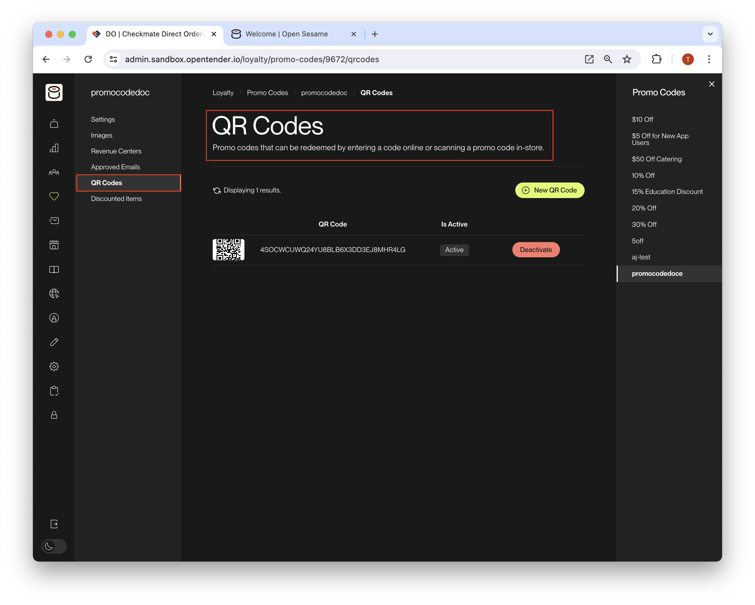 Promo code settings panel