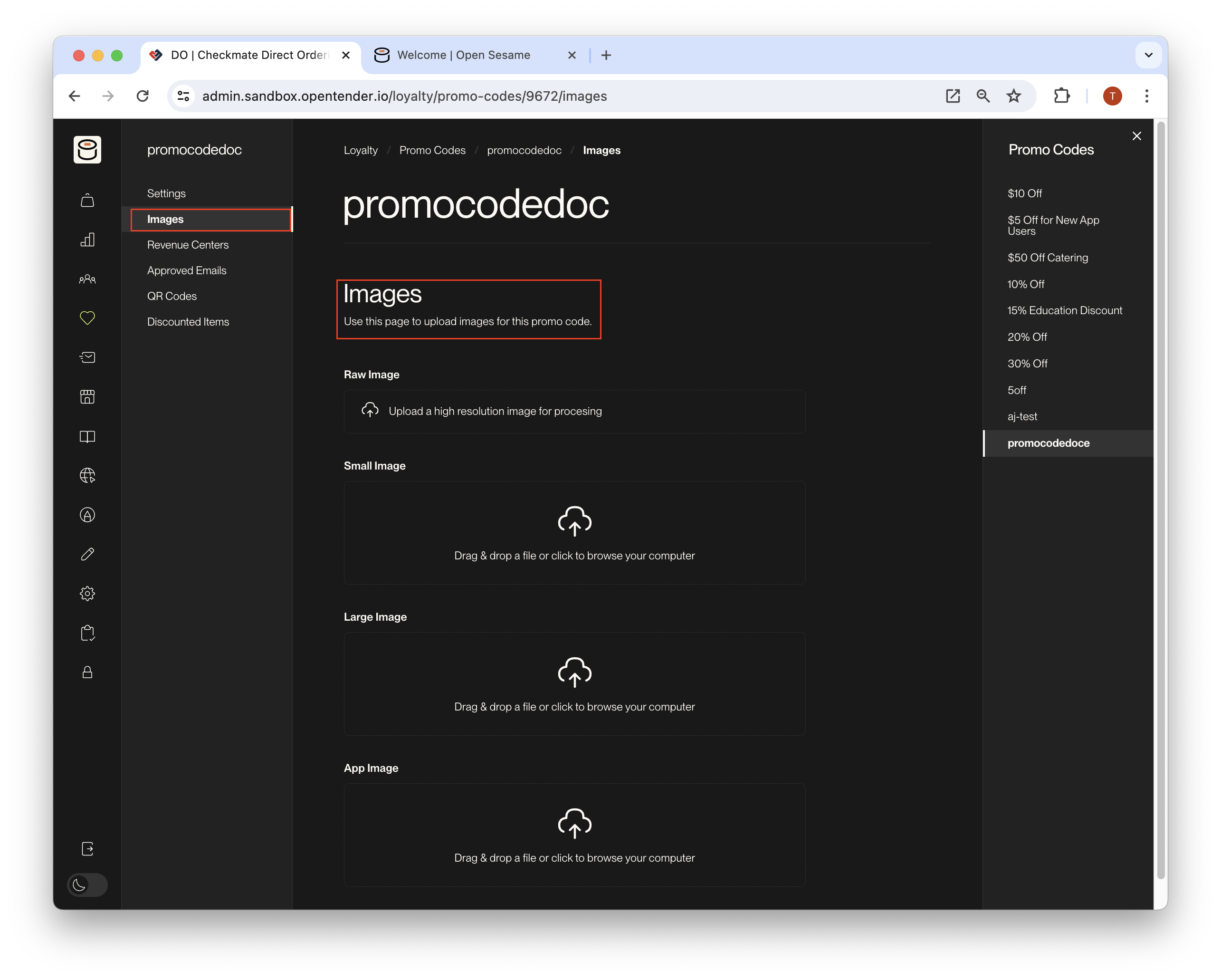Promo code settings panel