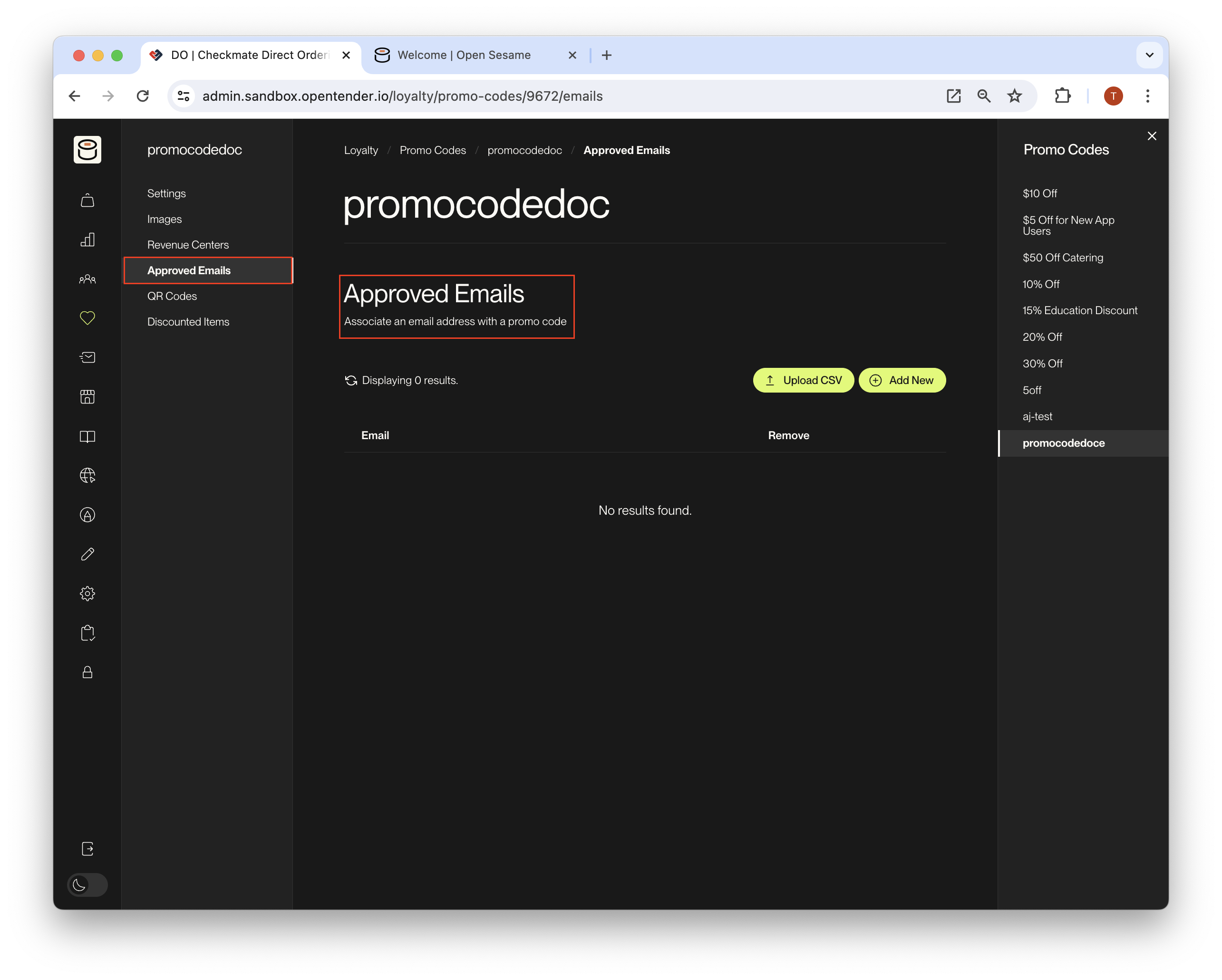 Promo code settings panel