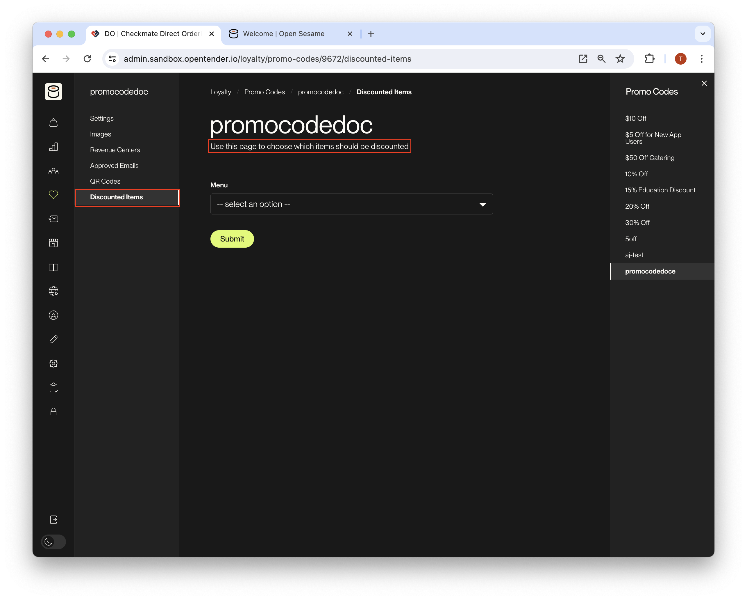 Promo code settings panel