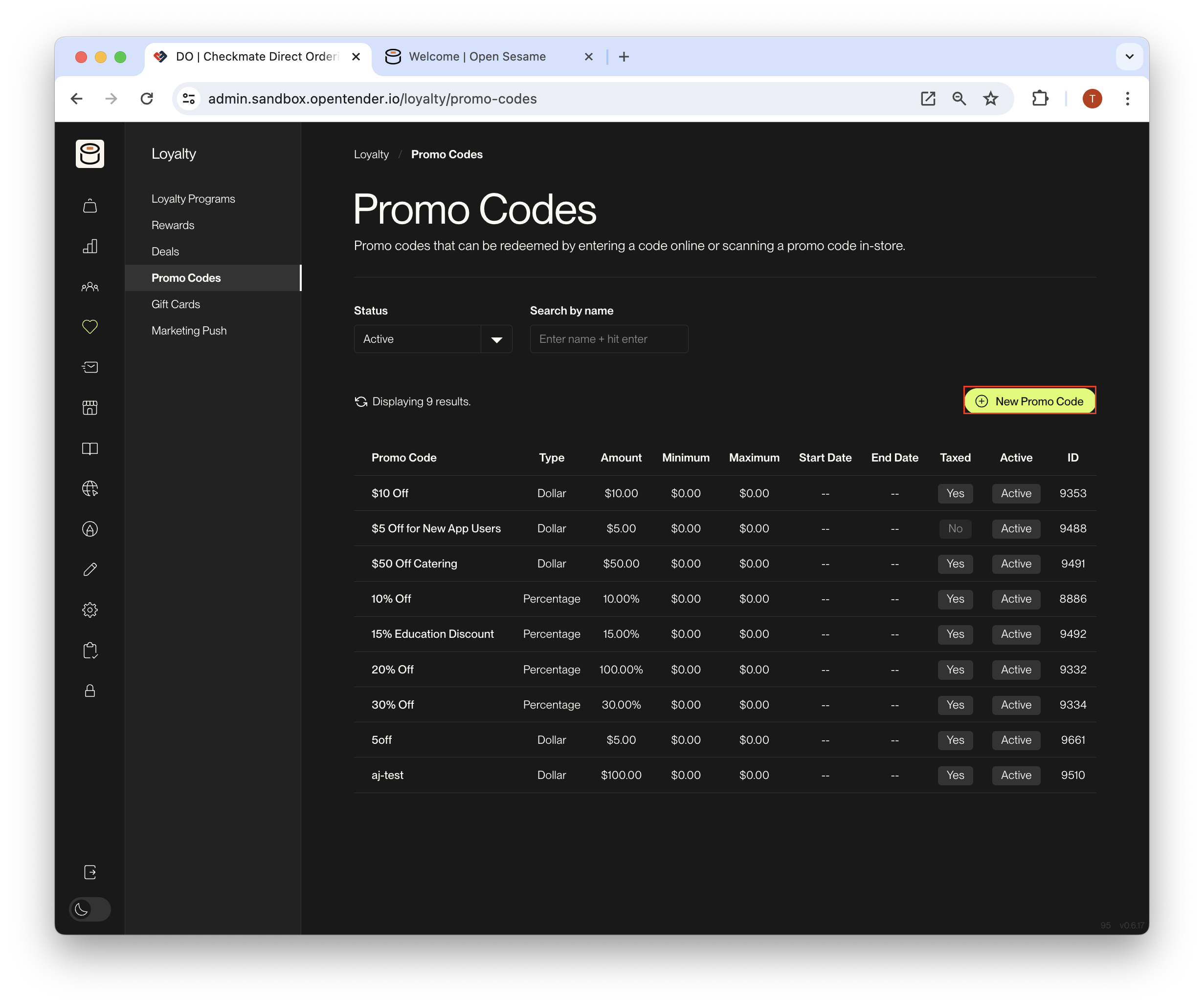 New Promo Code button