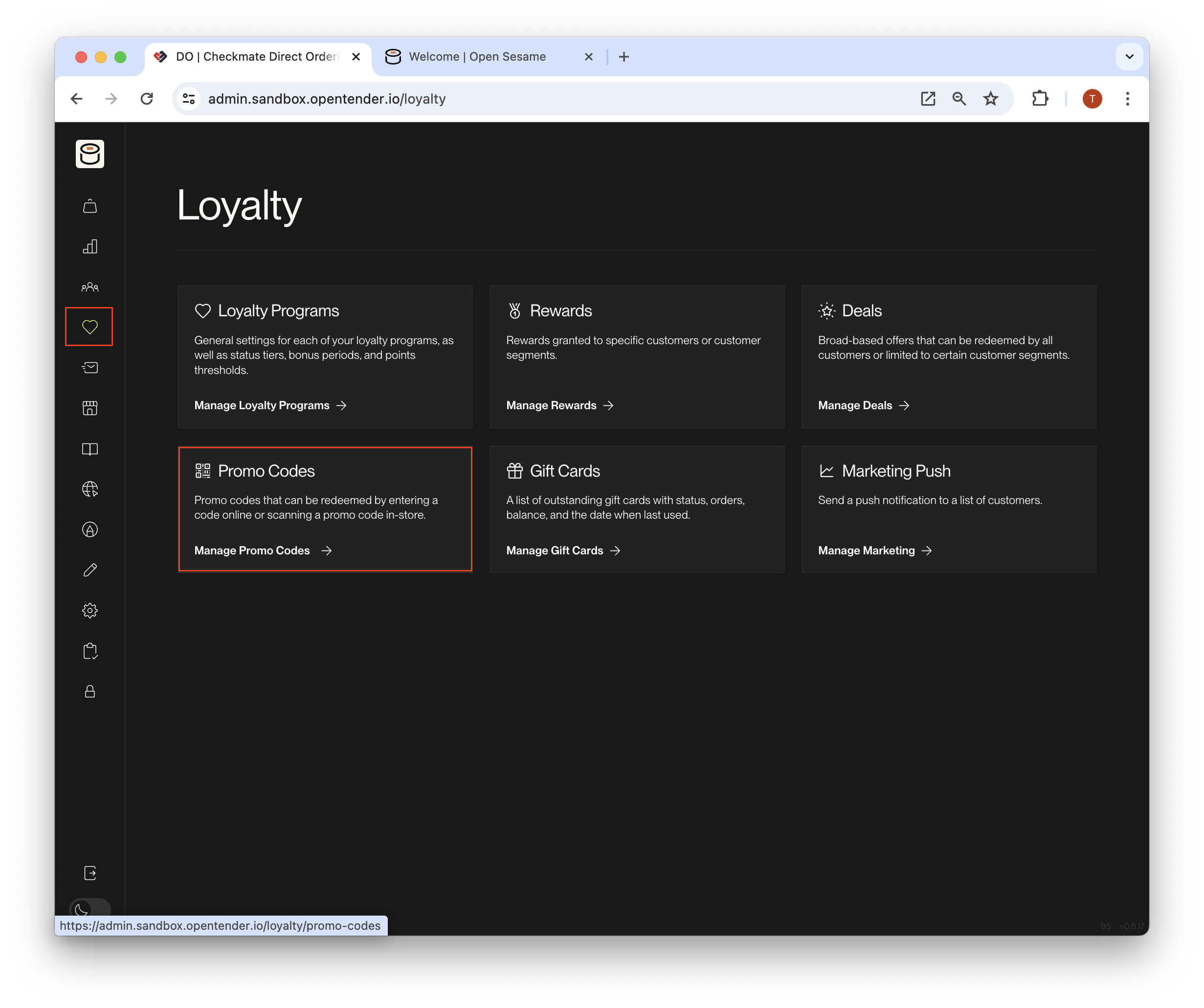 Promo Codes page under Loyalty