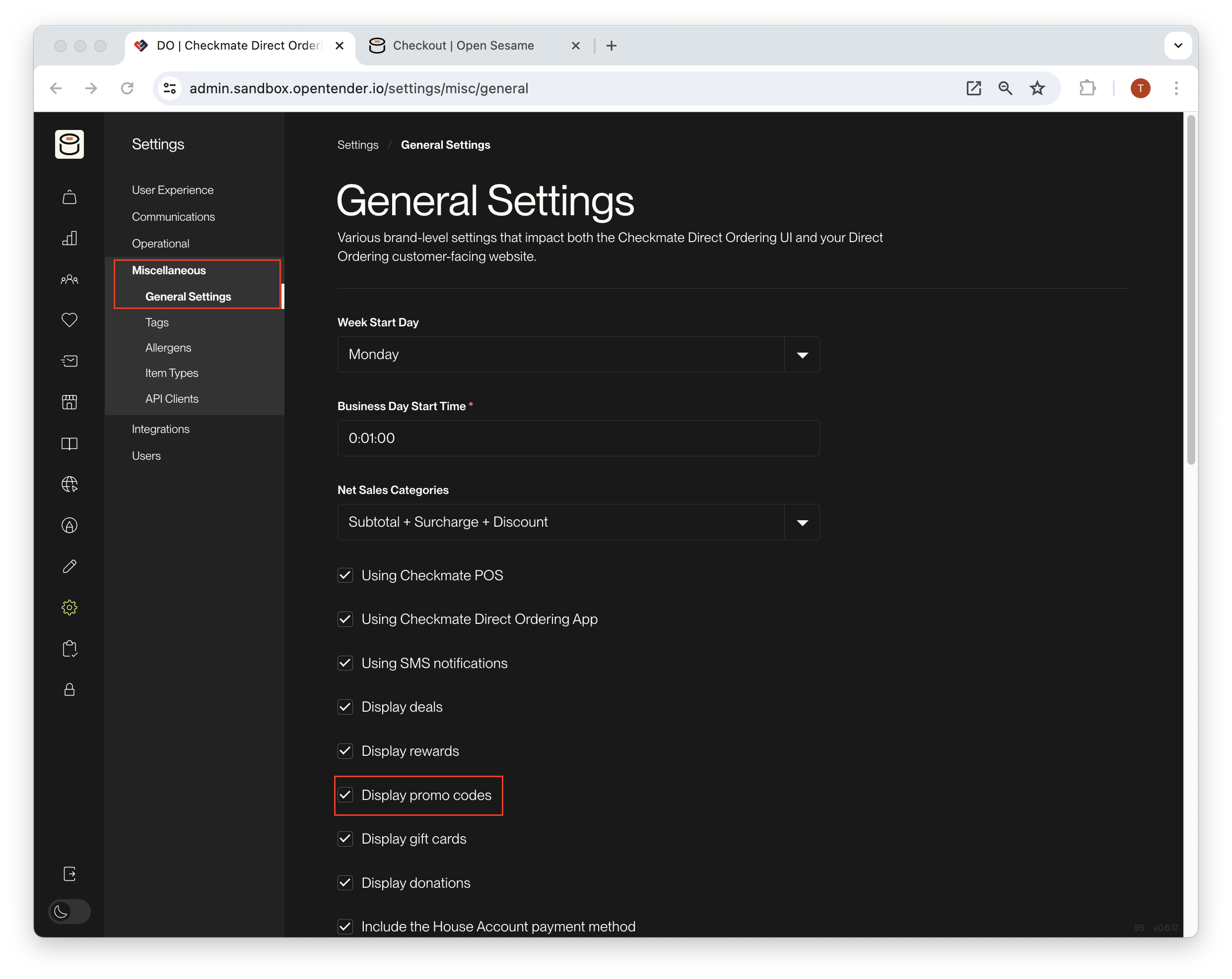 Display Promo Codes setting