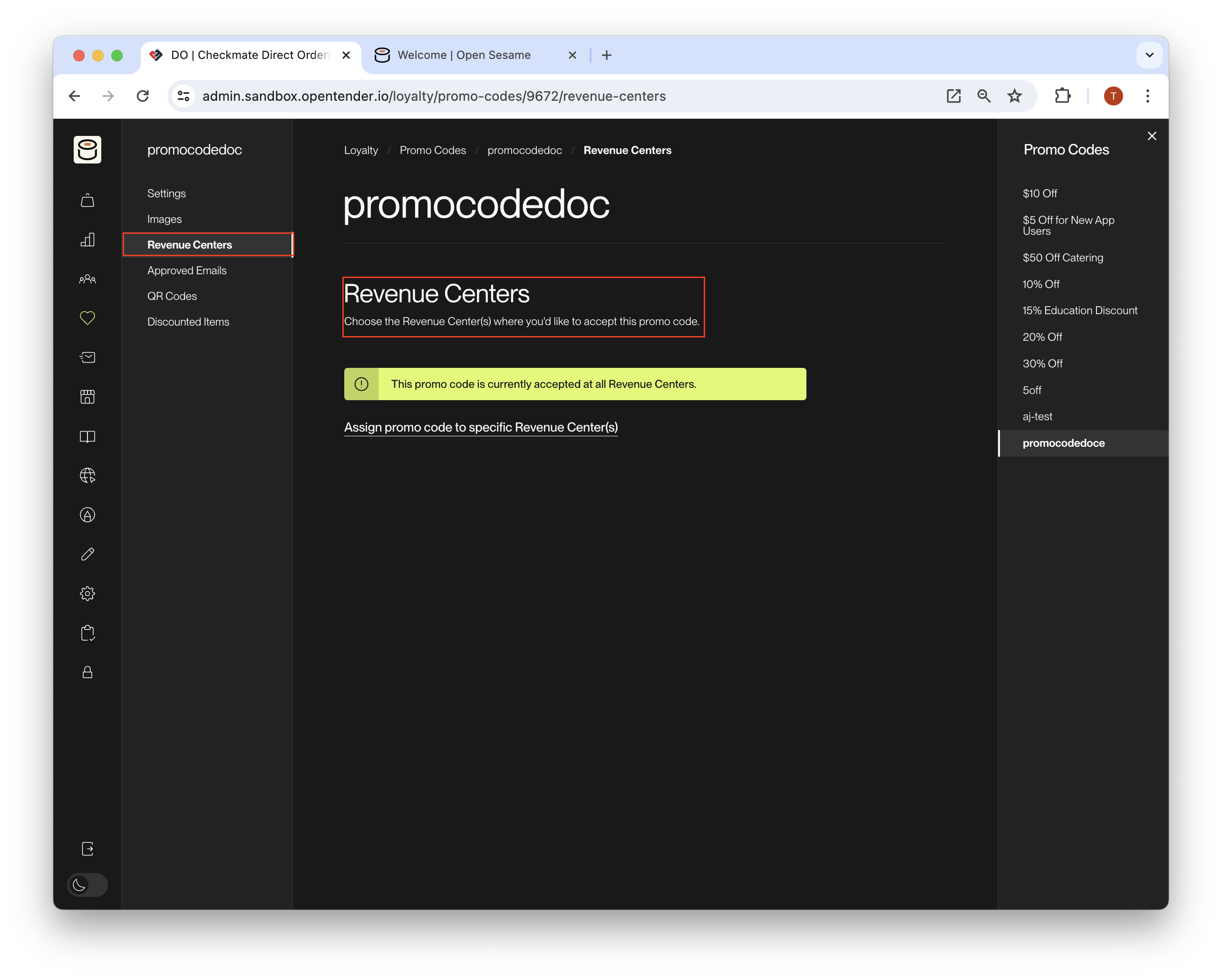 Promo code settings panel