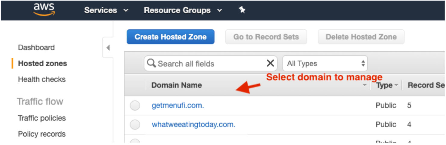 Select the domain in Route 53