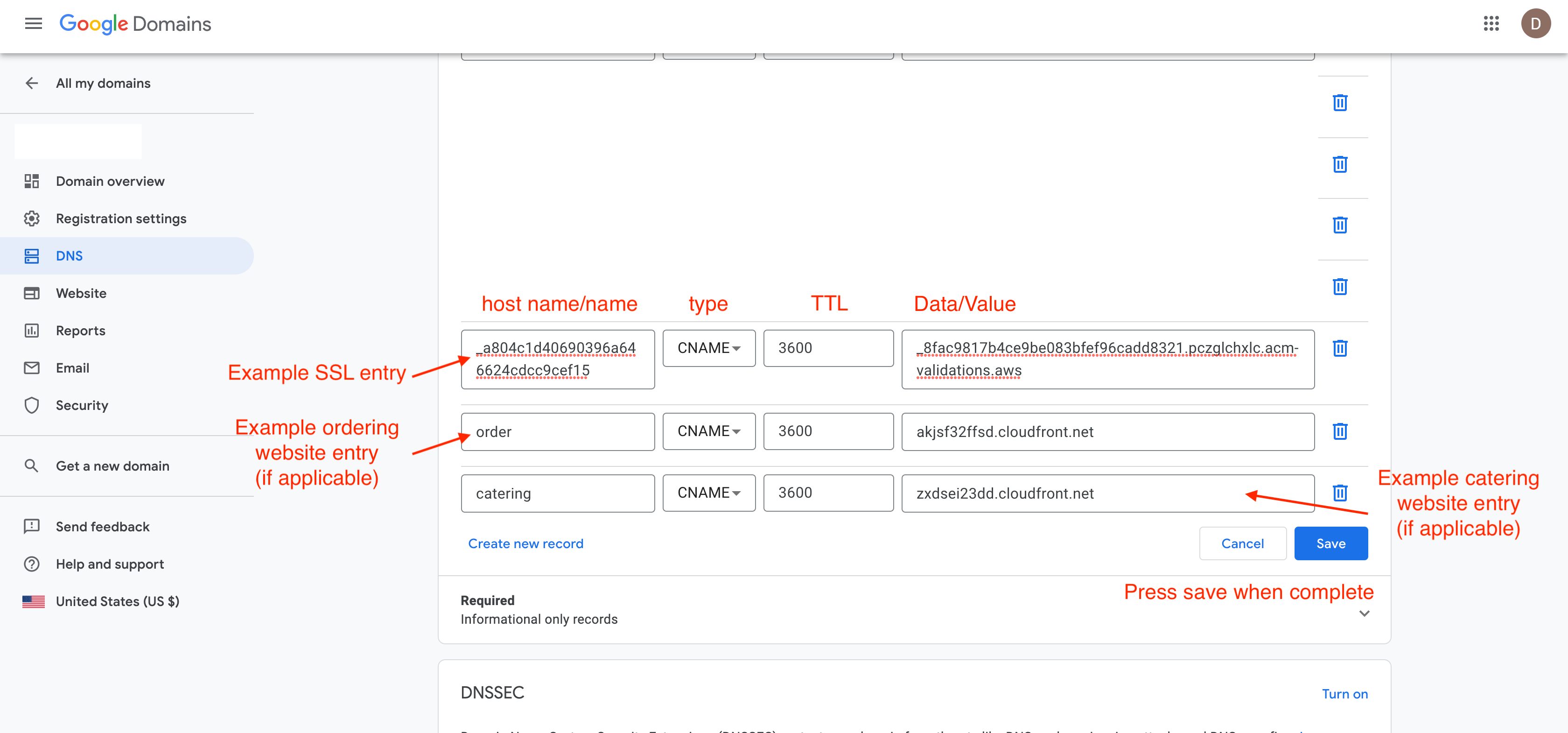 Example DNS values in Google Domains
