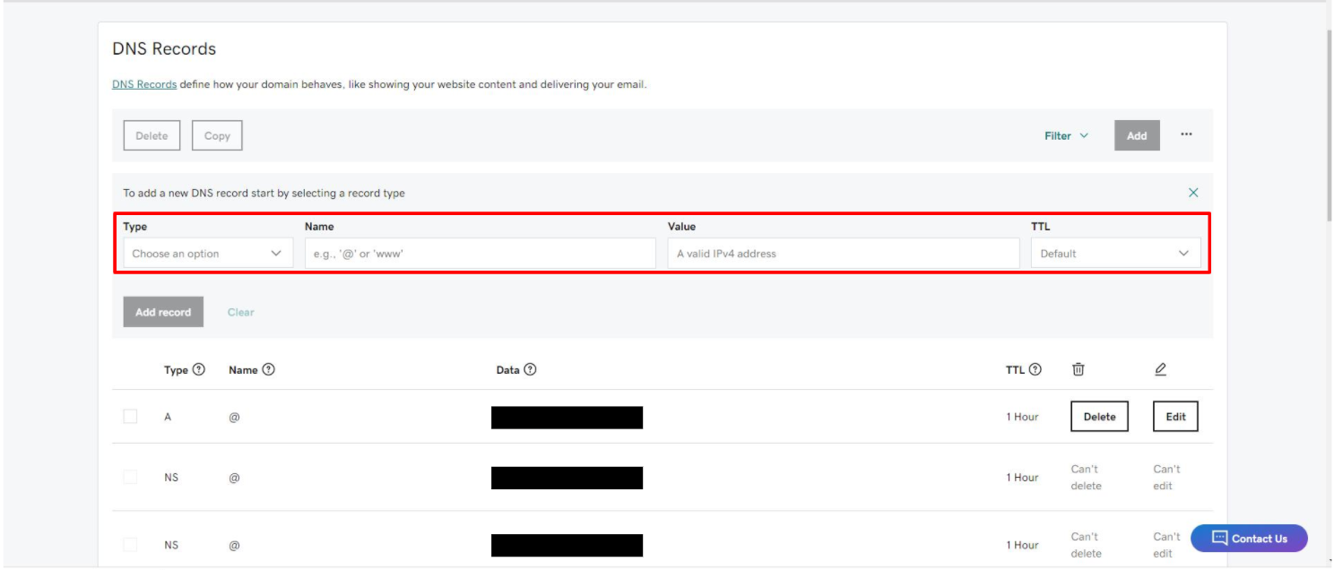 GoDaddy CNAME record fields