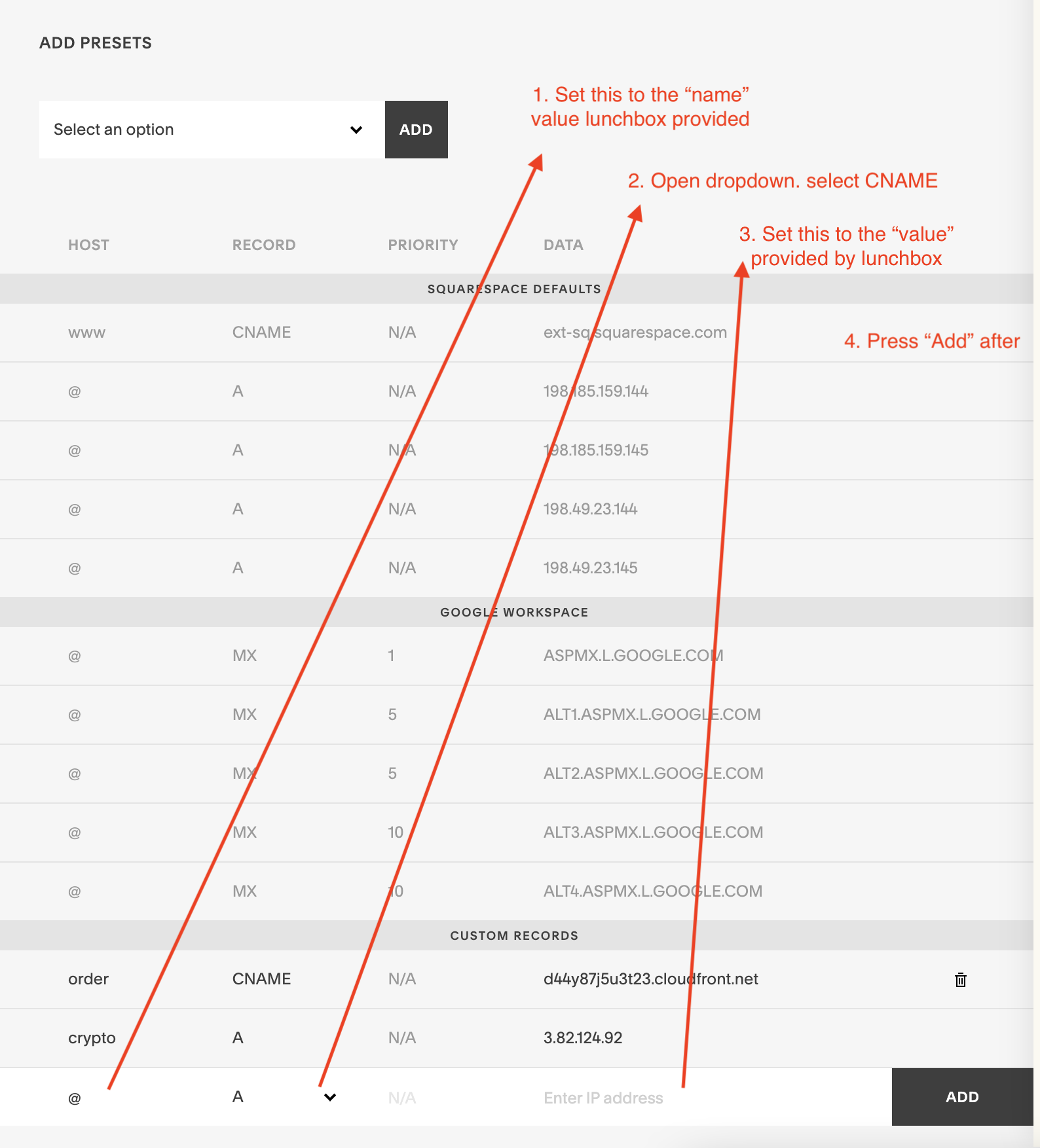 Add the record in Squarespace