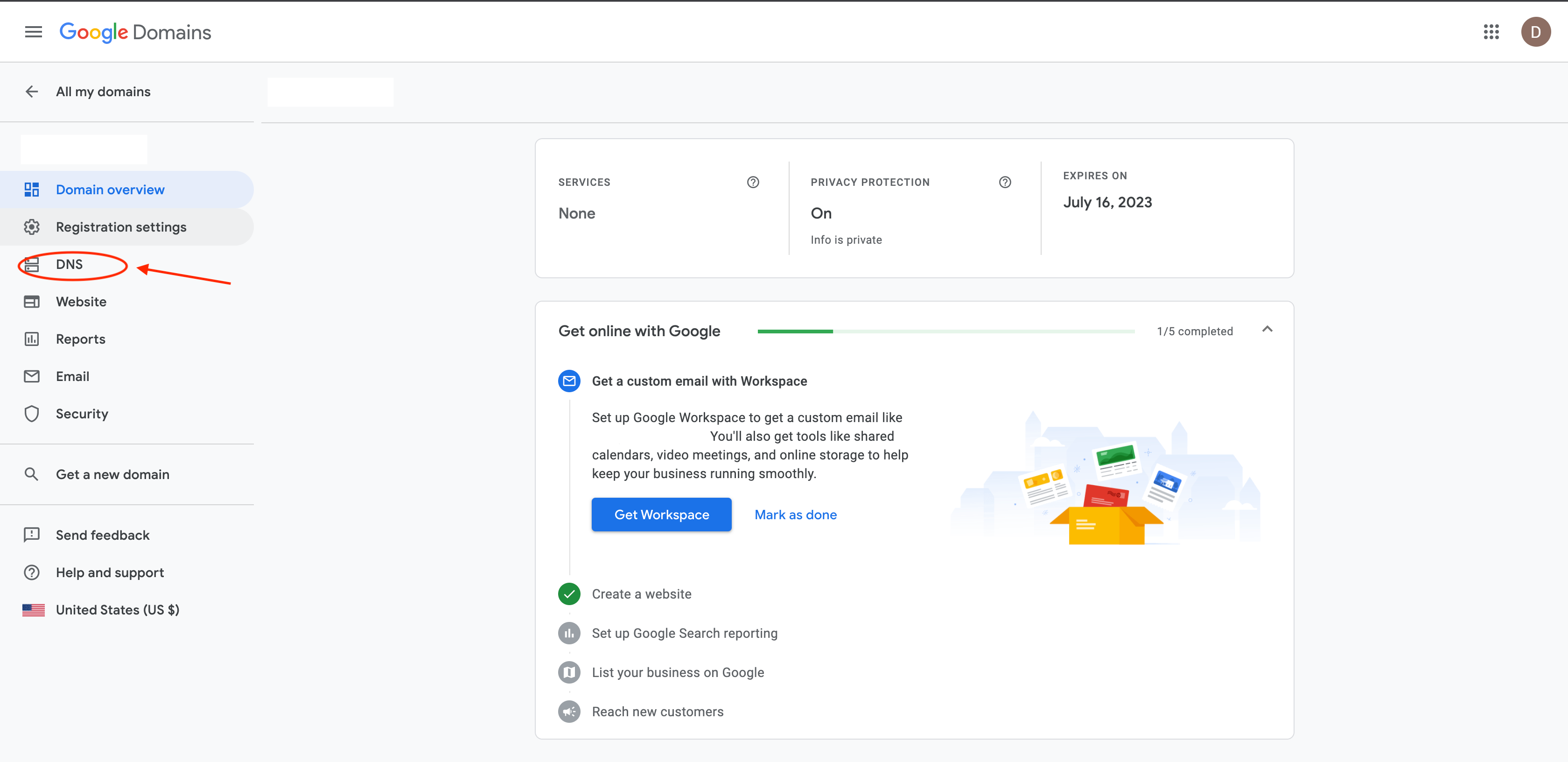 DNS menu in Google Domains