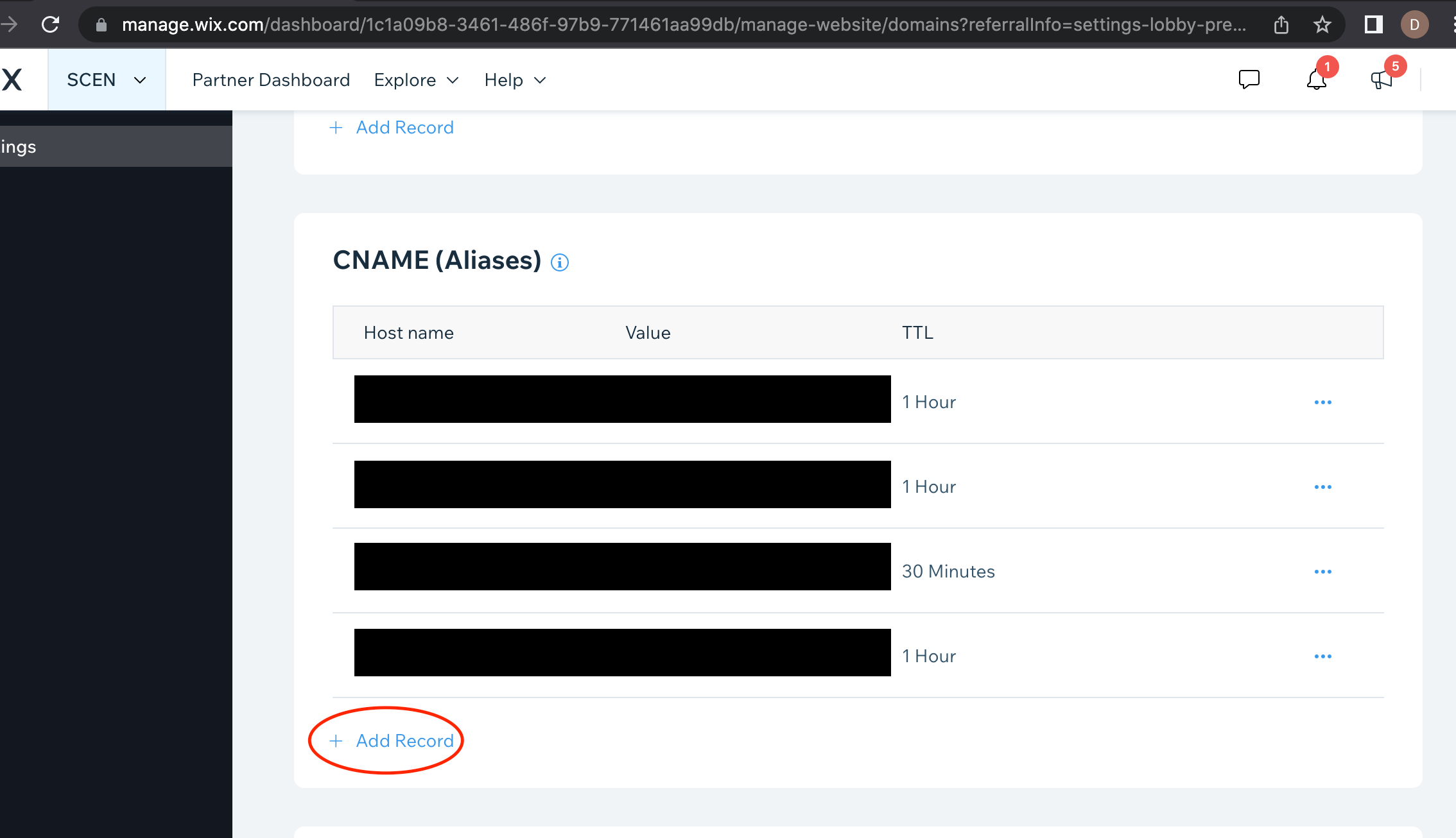 Add a CNAME record in Wix