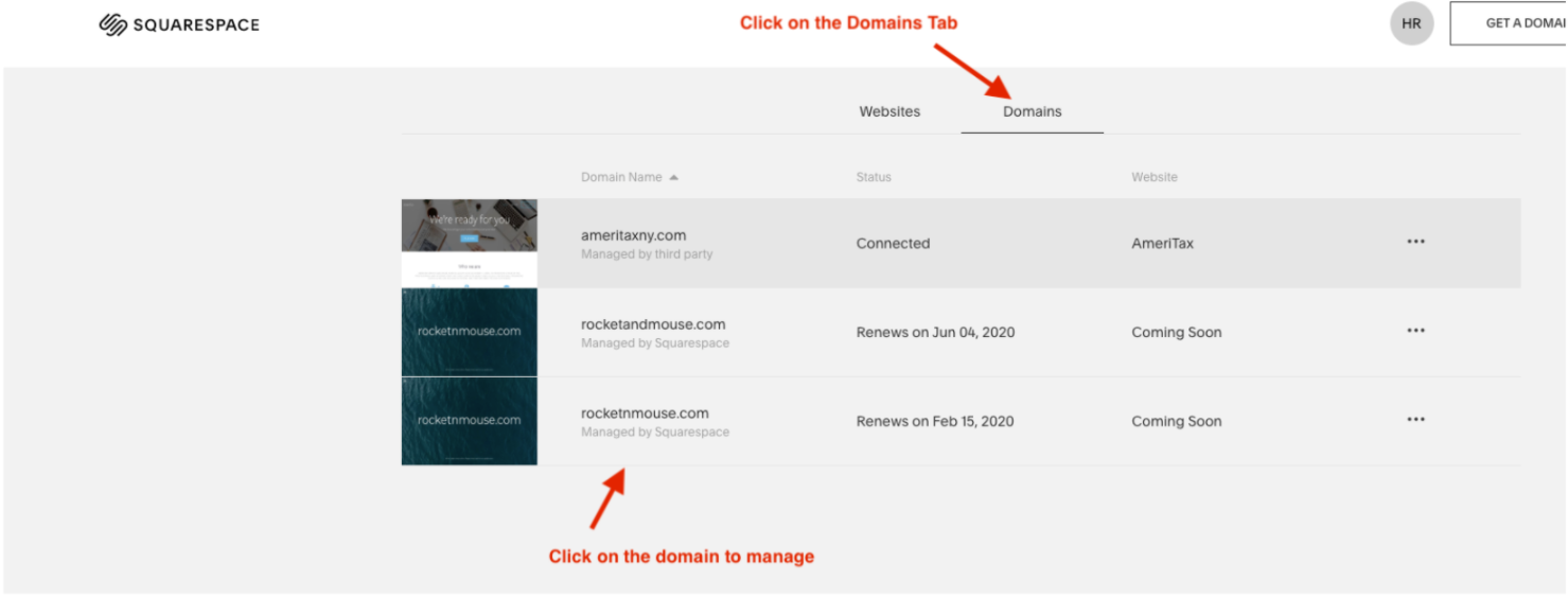 Domains tab in Squarespace