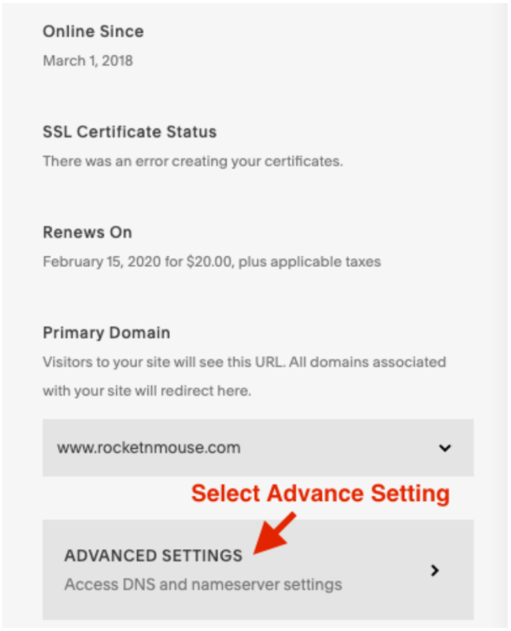 Advanced Settings in Squarespace