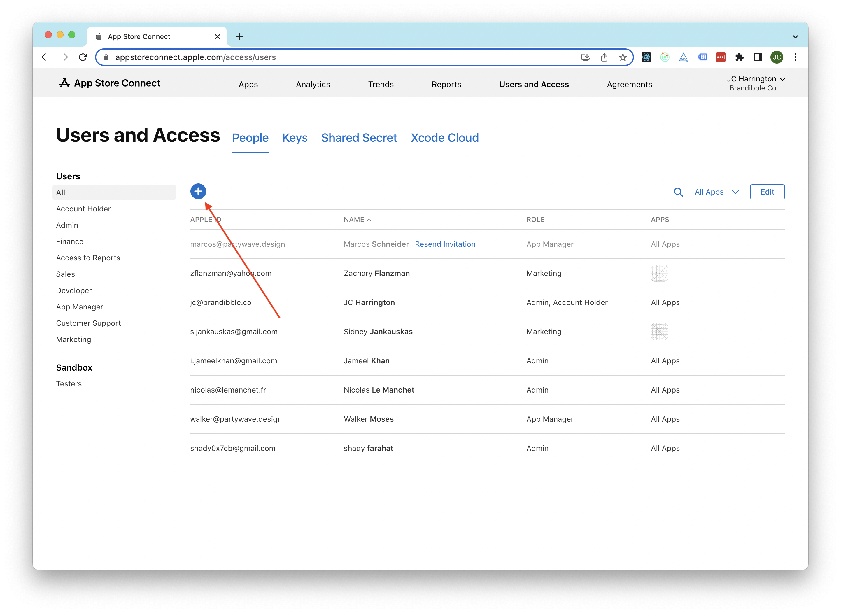 The plus icon in the Users and Access section