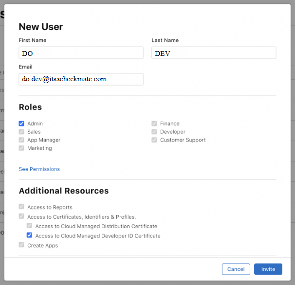 Adding an Admin user with Access to Cloud Managed Developer ID Certificate checked
