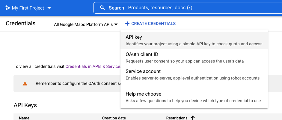 Creating an API key in Google Maps Platform Credentials