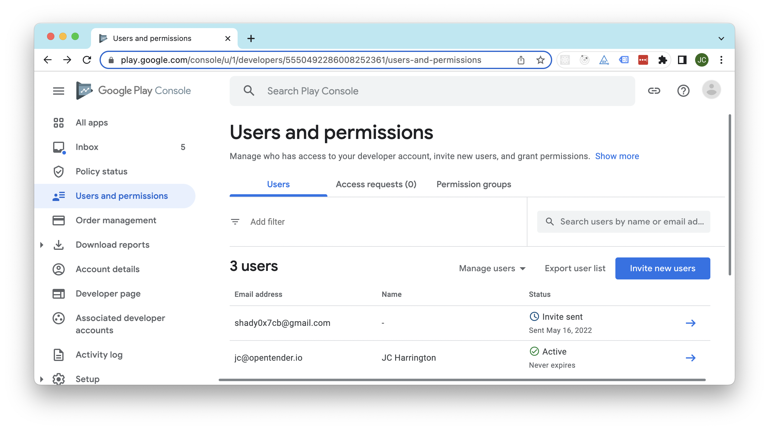 The Invite New Users button on the Users and Permissions page in Google Play Console