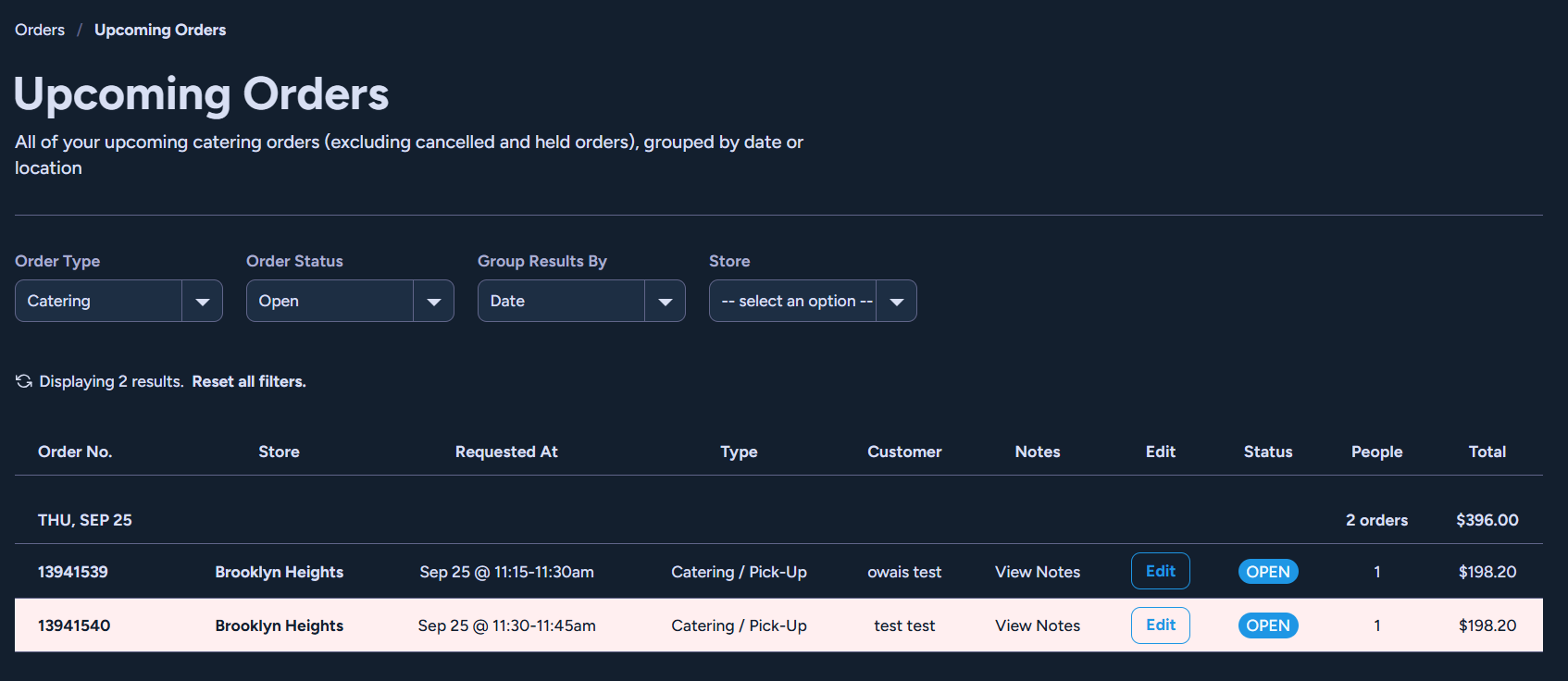 Upcoming Orders Screenshot