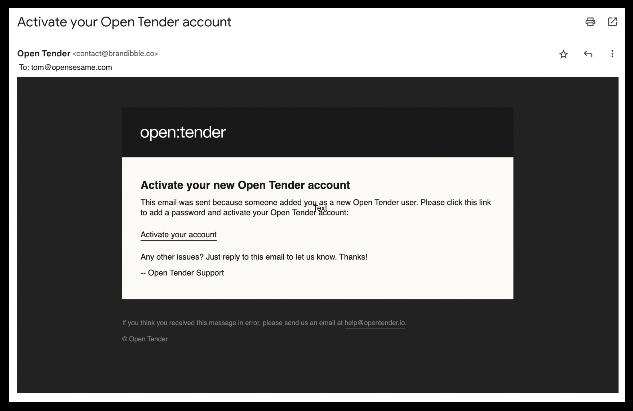 Account activation invitation email