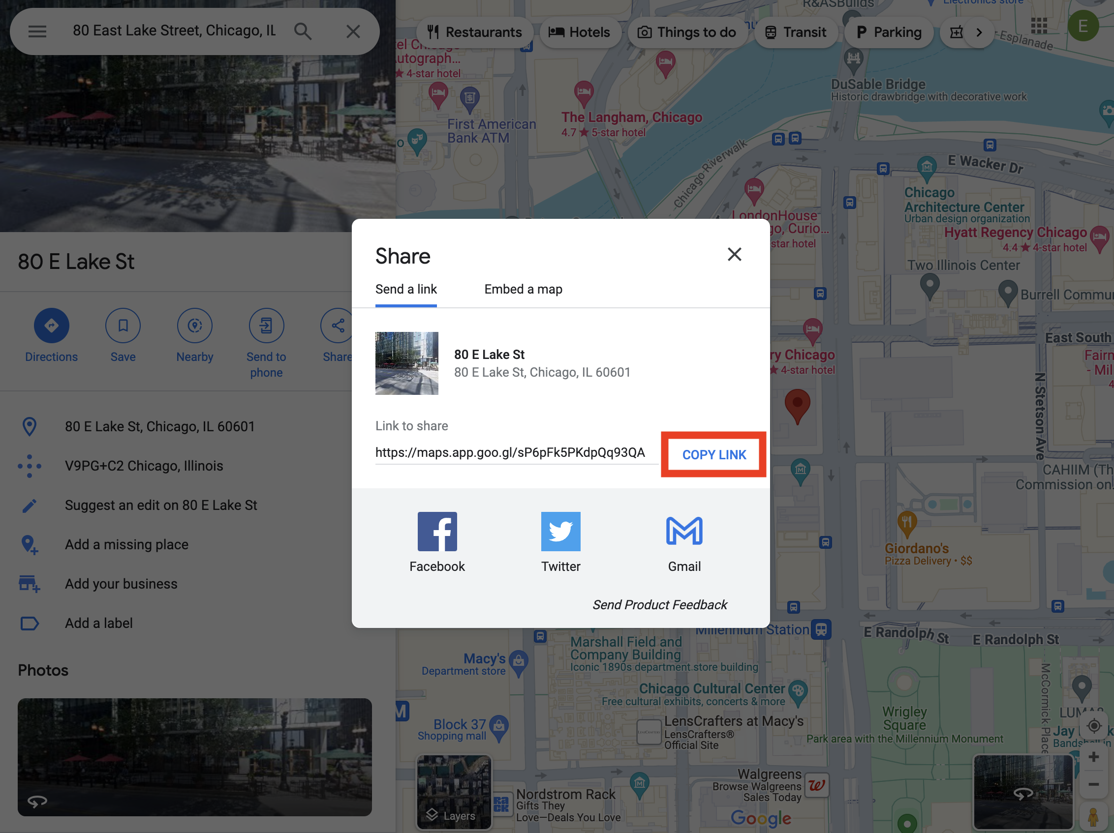 Google Maps Share window with the link to copy