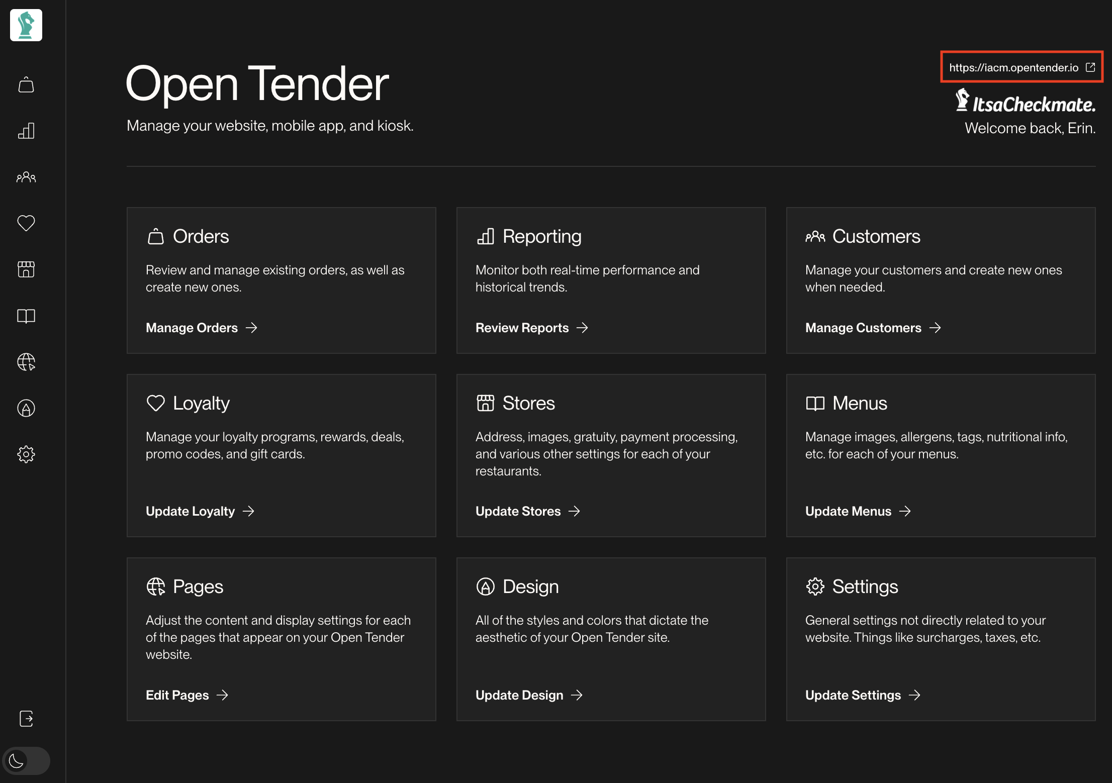 Direct Ordering site URL in the upper-right corner of the Admin Panel home screen