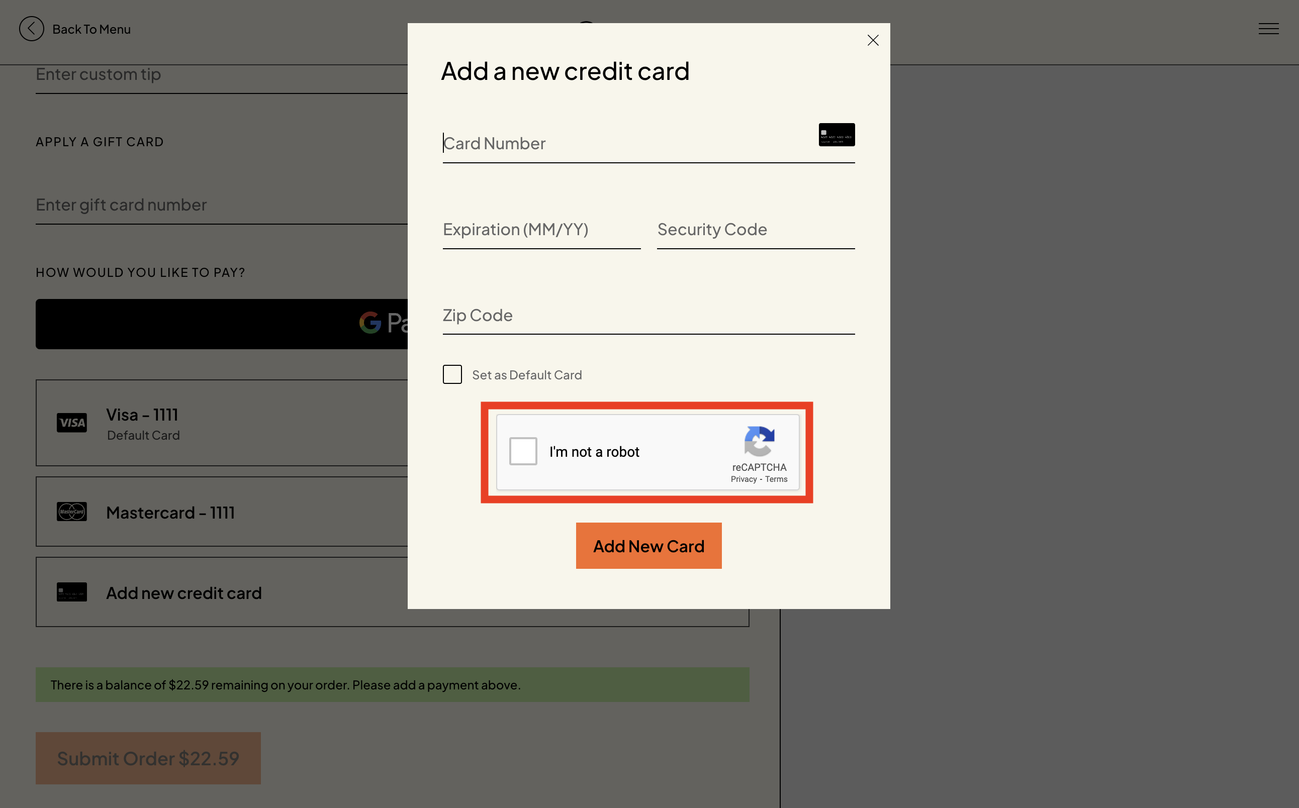 Customer selecting the I'm not a robot reCAPTCHA checkbox at checkout