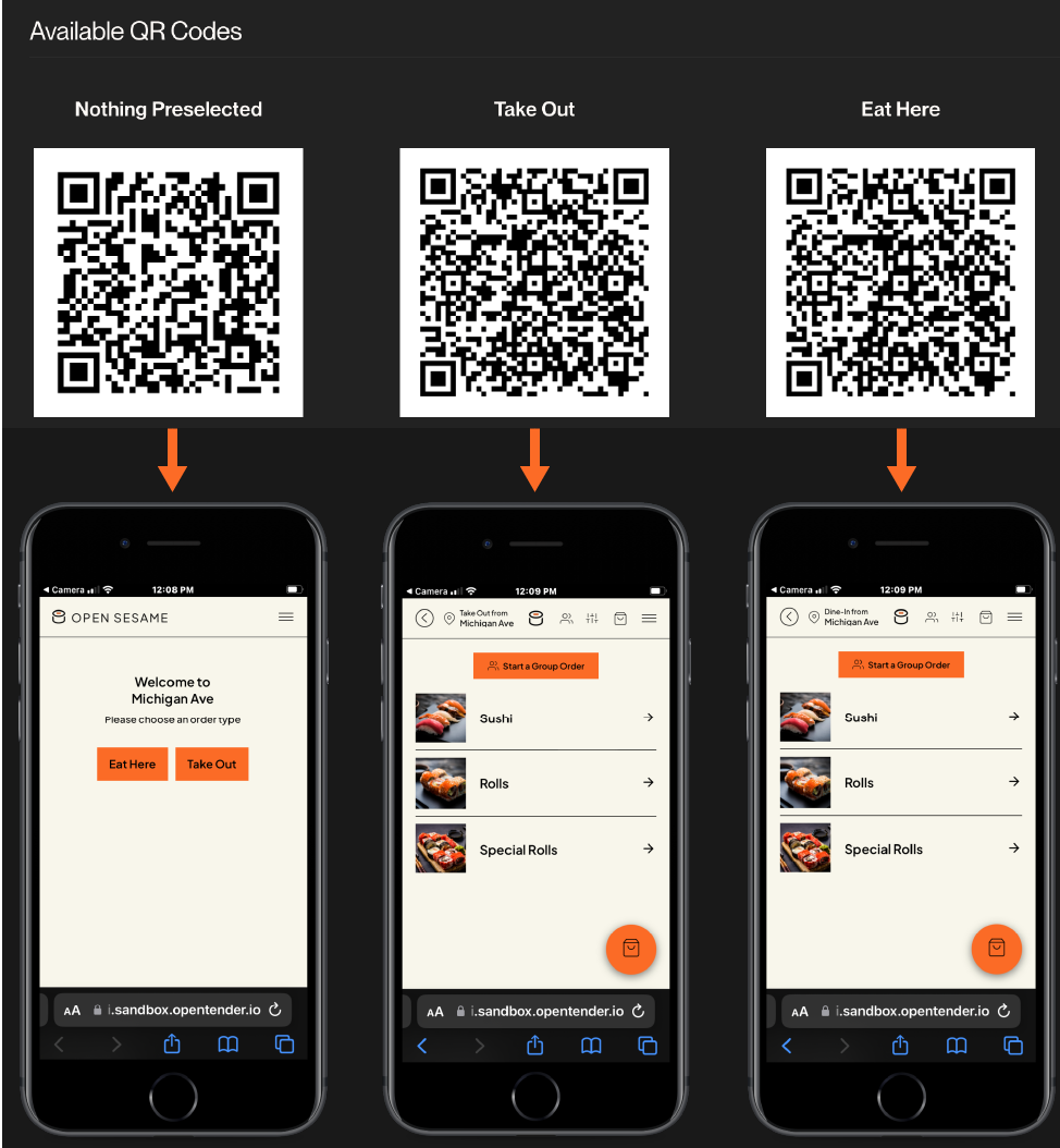 The three pre-generated QR code options: Nothing Preselected, Take Out, and Eat Here