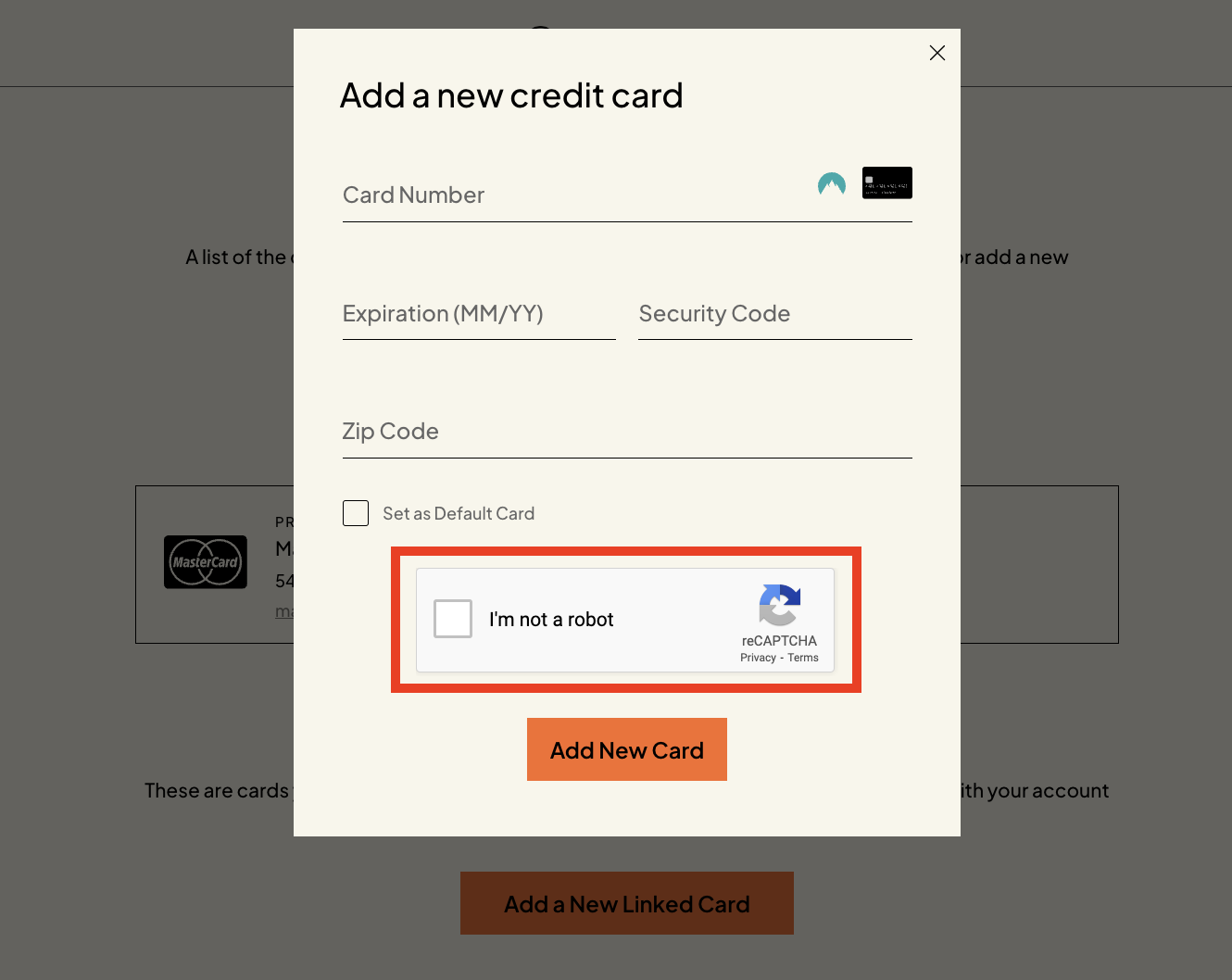 Google reCAPTCHA checkbox shown when a customer adds a new credit card