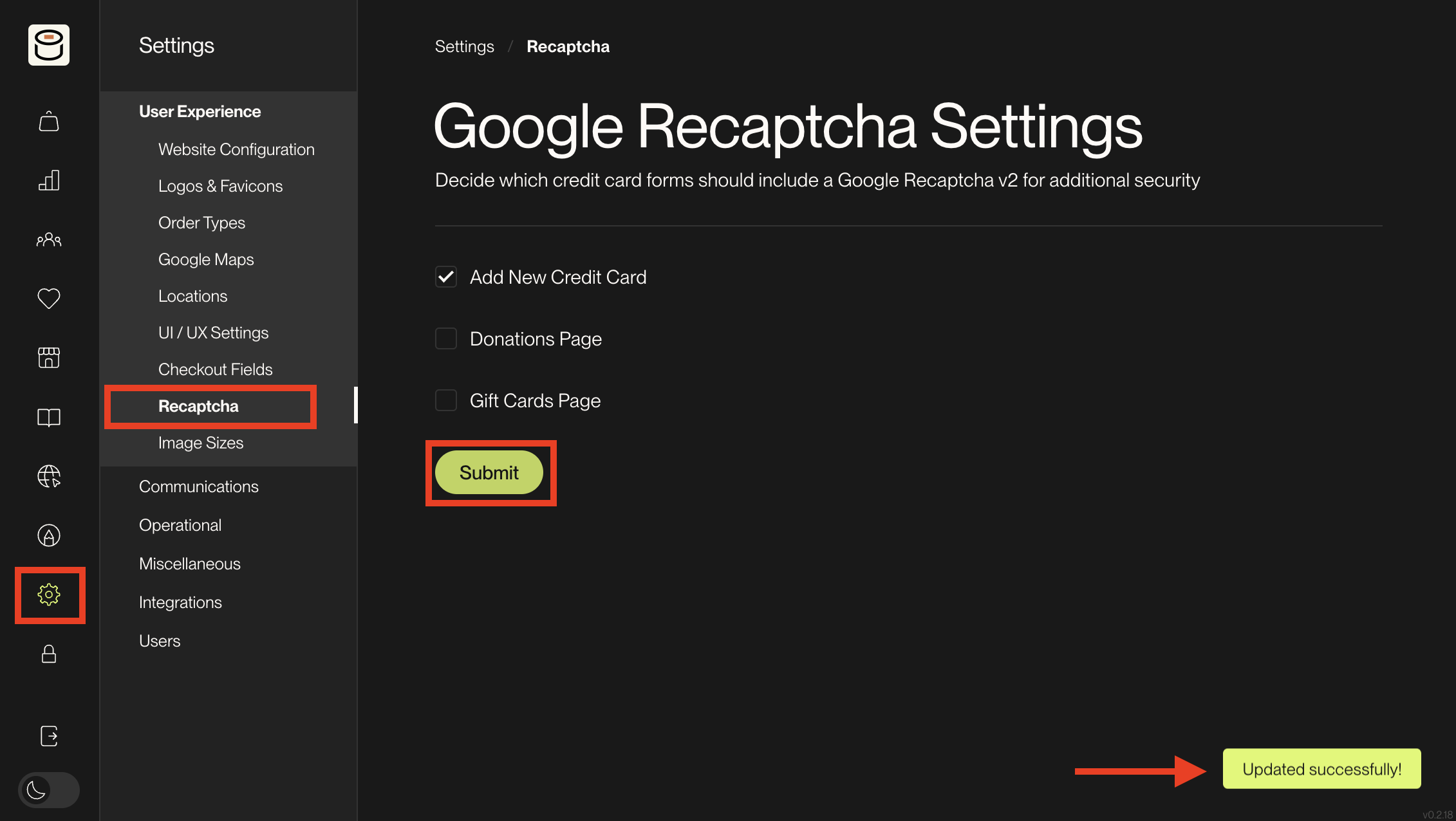 Recaptcha settings page in the Direct Ordering Admin Panel