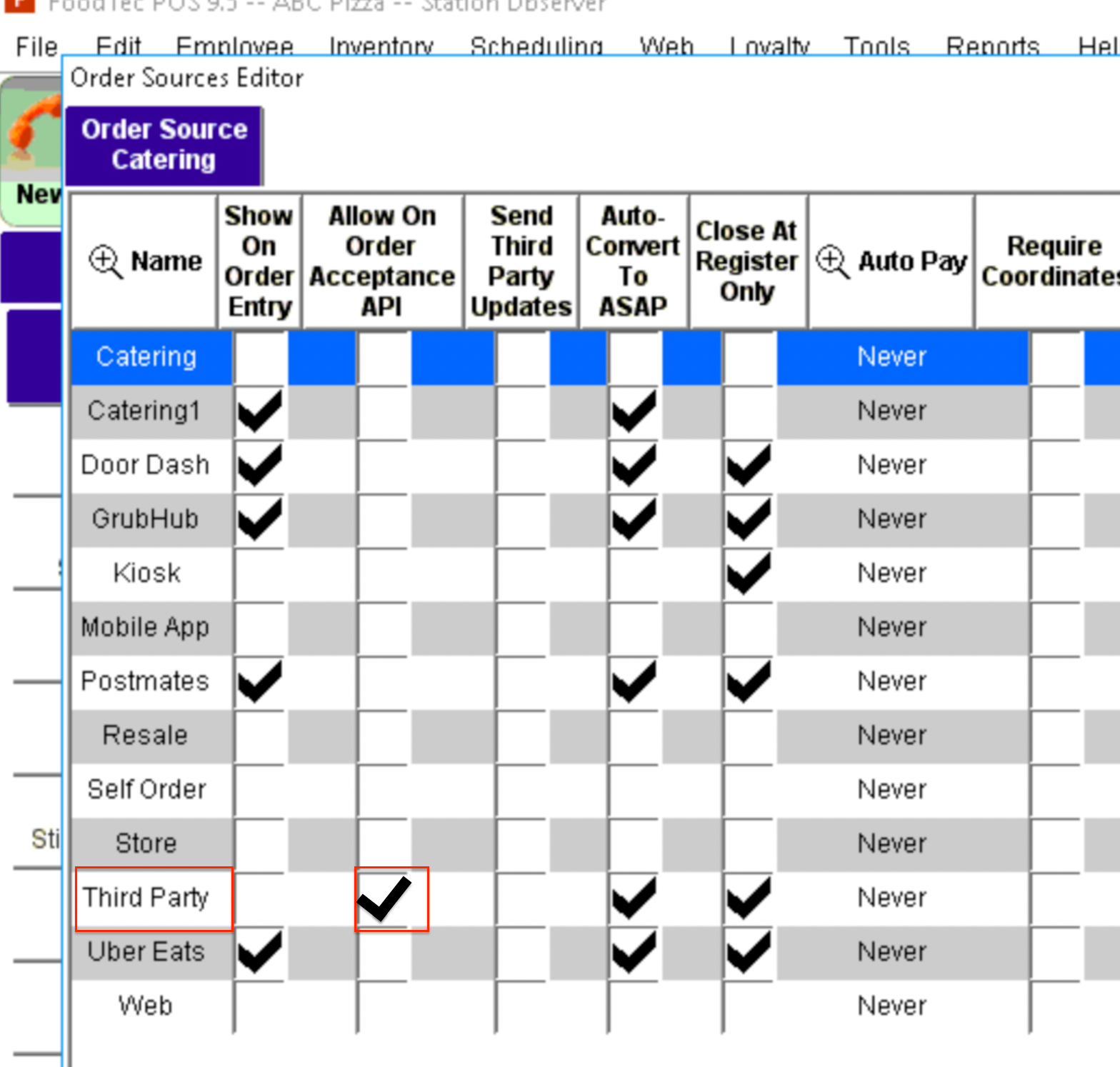 Whitelisting third-party order sources in FoodTec POS