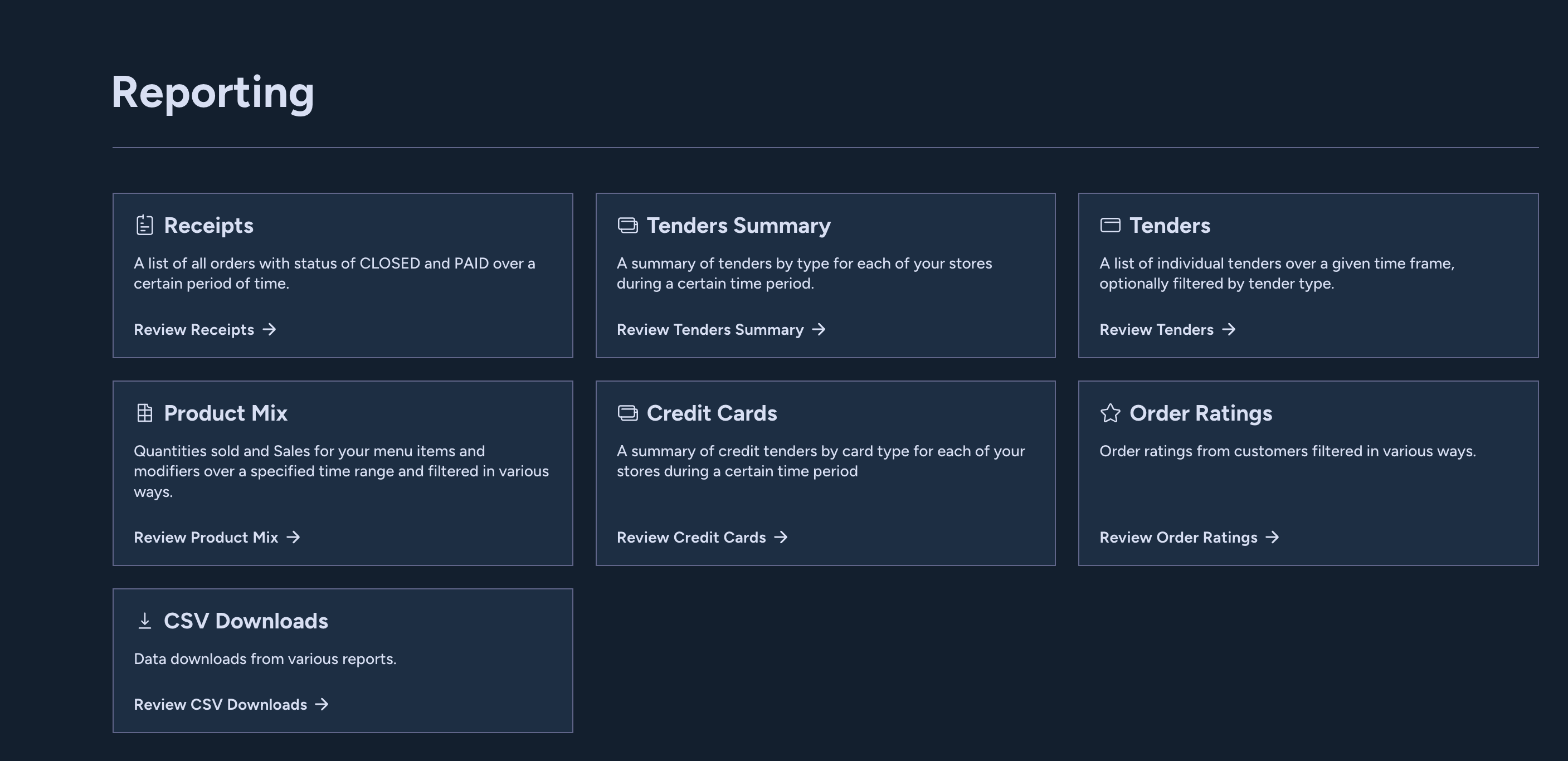 Reporting dashboard with report cards