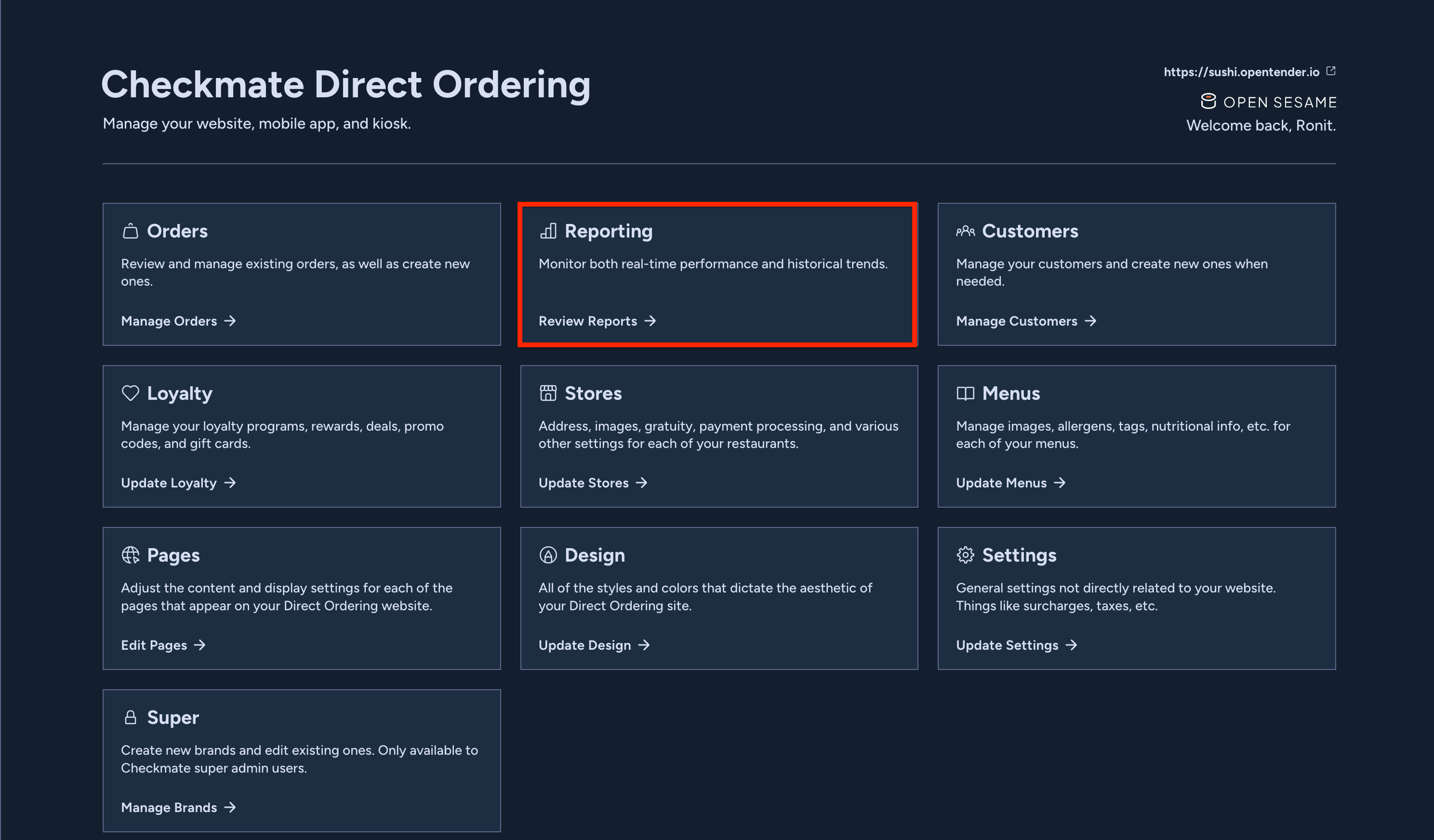 Direct Ordering Reporting menu