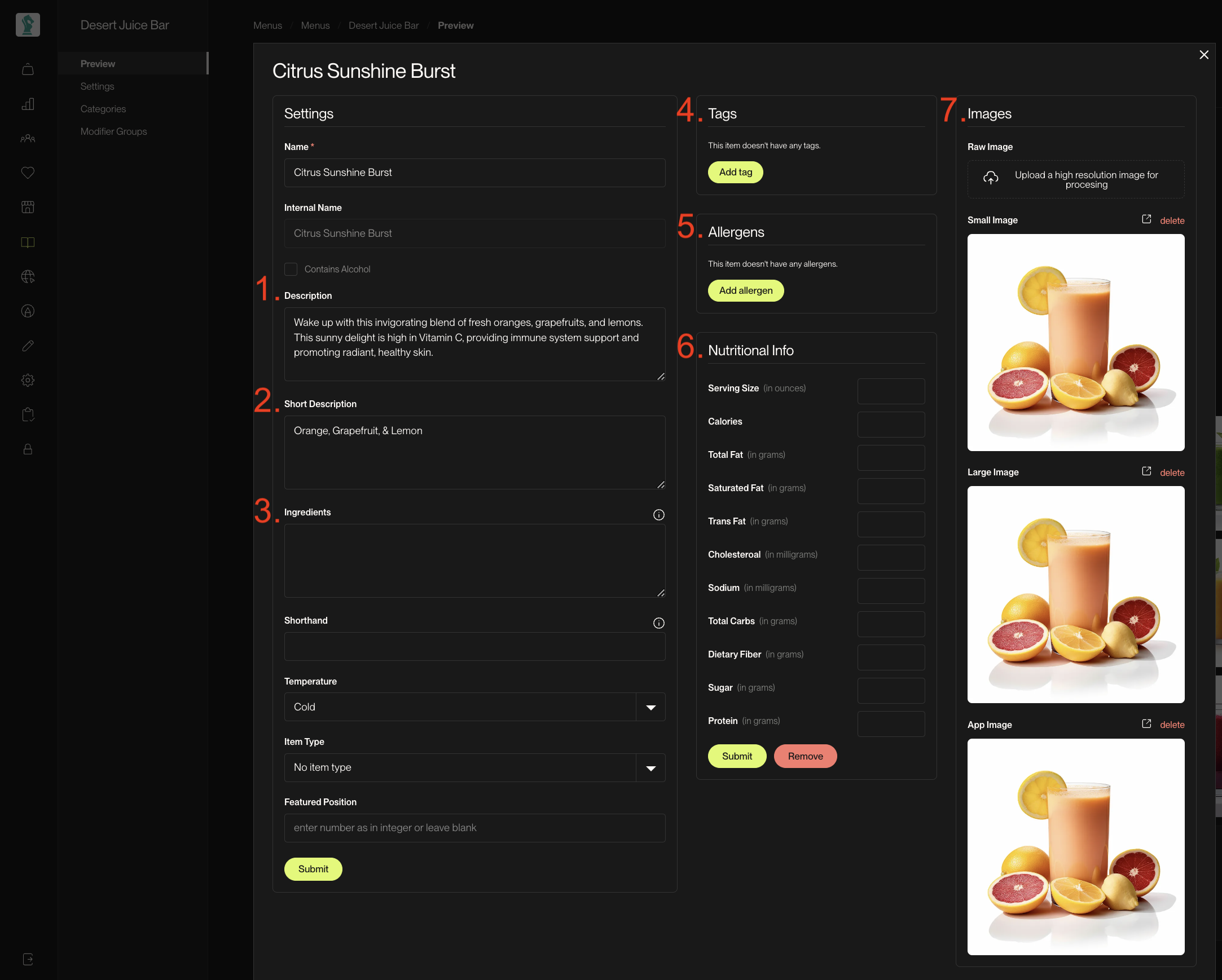Menu item detail fields in the Direct Ordering Admin Panel