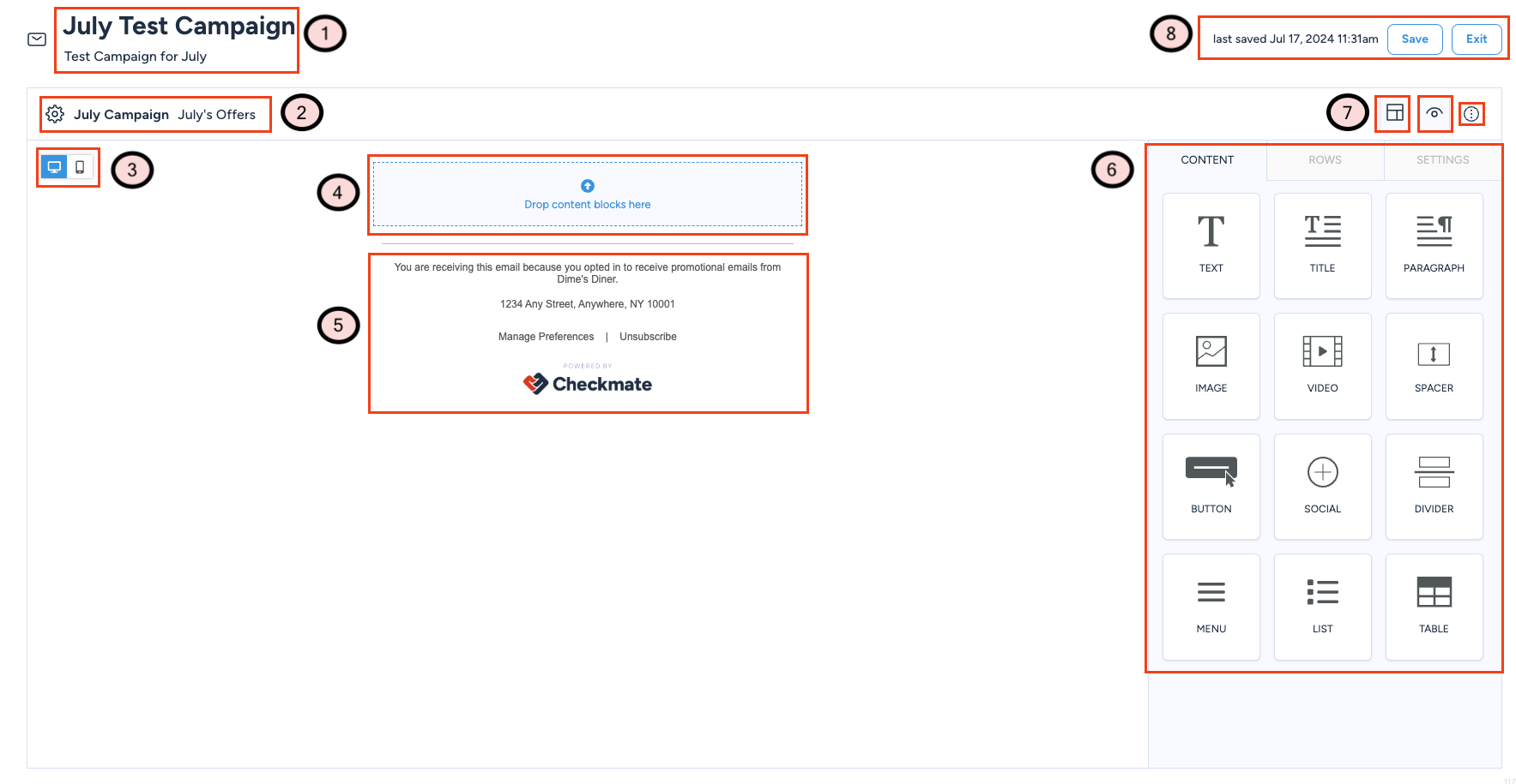 Email content editor overview with numbered areas