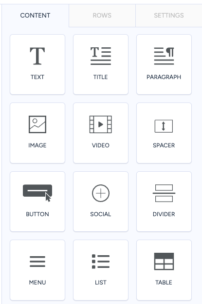 Content, Rows, and Settings menus