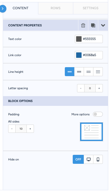 Content tab options